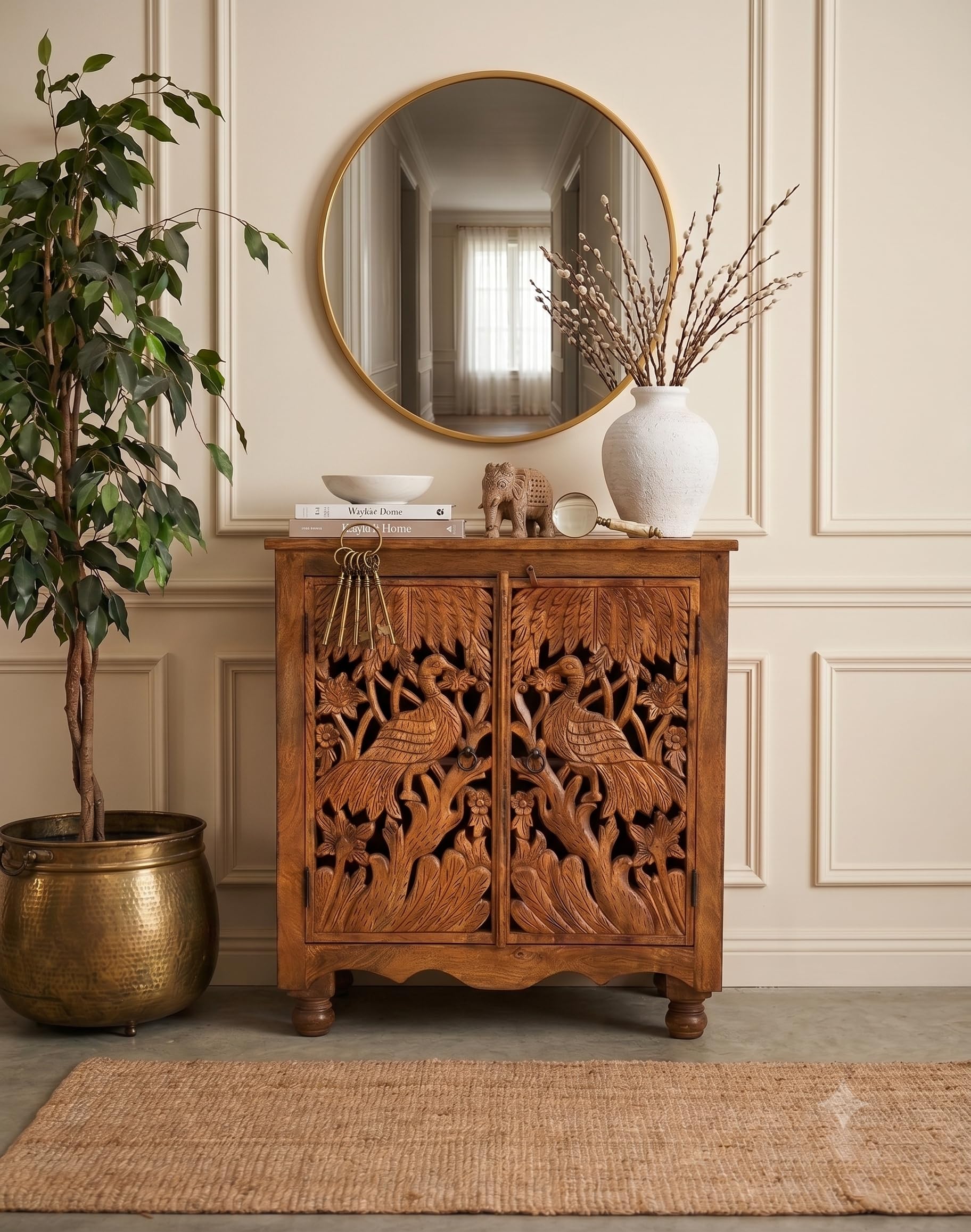 Treeform Hand-Carved Solid Wood Accent Cabinet with Peacock Design, 2-Door Storage Sideboard & Buffet Console for Living Room, Entryway, and Hallway-image-43