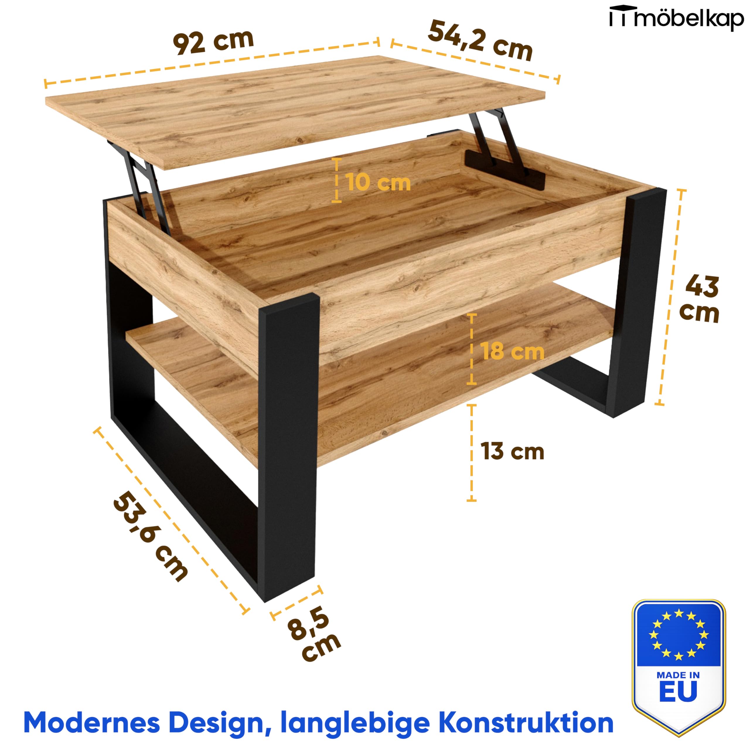 Couchtisch mit anhebbarer Platte | Höhenverstellbarer Wohnzimmertisch mit Stauraum | Sofatisch Eiche Wotan Schwarz modern mit Ablage & verstecktem Fach – Coffee Table für Wohnzimmer & Büro