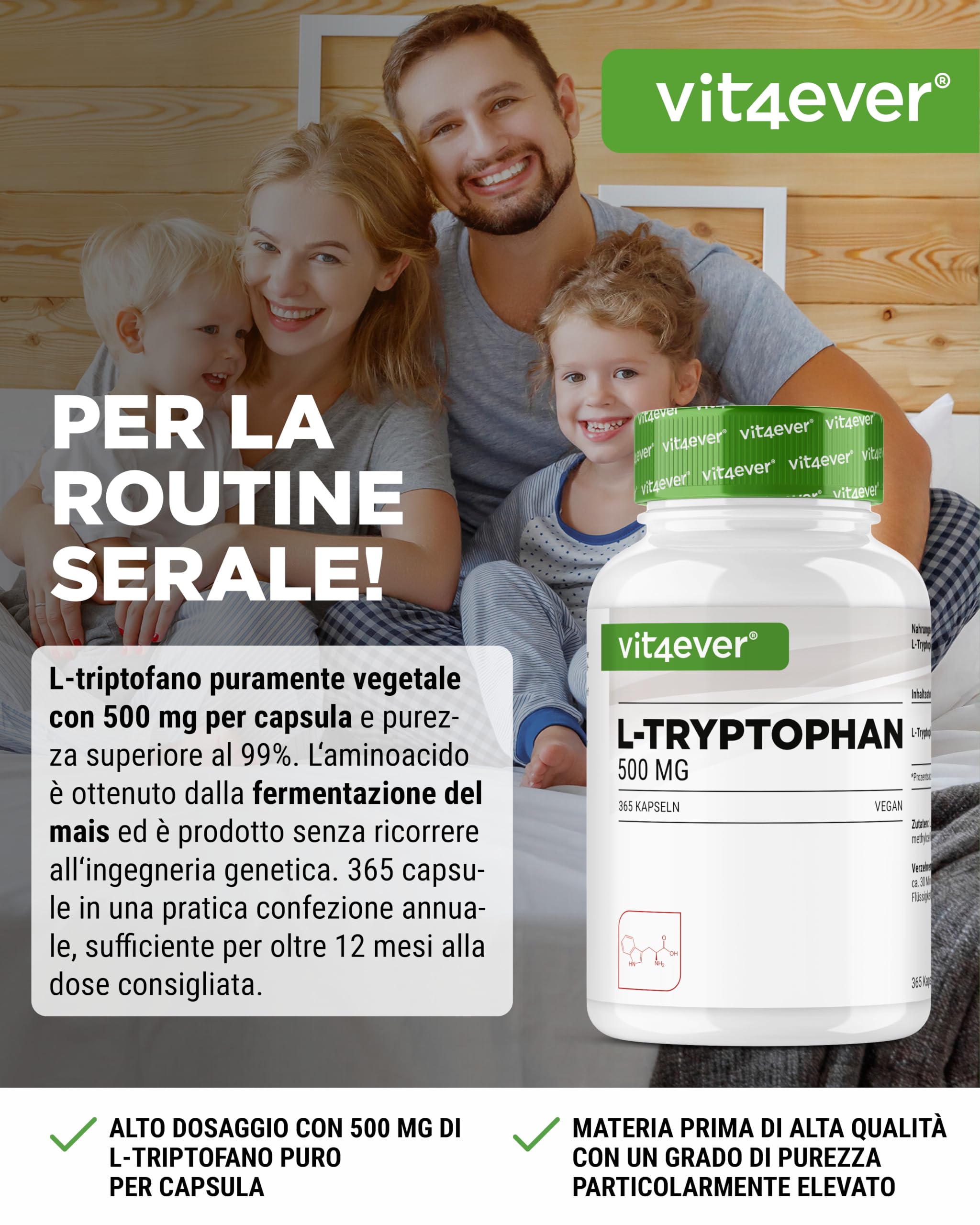 L-triptofano - ad alto dosaggio con 500 mg per capsula - 365 capsule vegane - scorta per 12 mesi - da fermentazione vegetale - senza additivi inutili, vegano