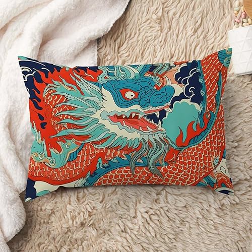 ArogGeld Funda de cojín con diseño de dragón asiático, color azul, verde azulado, naranja, azul marino, turquesa, almohada lumbar tradicional china