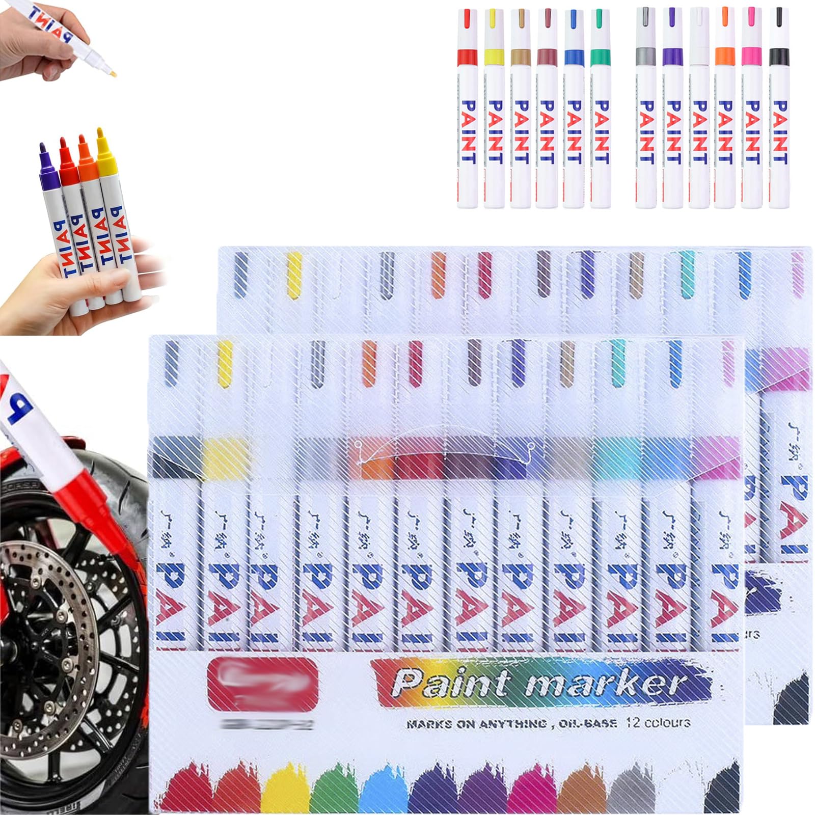 Waterproof Tire Paint Pen, 12 Colors Waterproof Non-Fading Tire Paint Pen, Car Tire Marker Pens, Quick Dry Assorted Color Car Tire Marker for Metal, Fabric, Glass, DIY Craft (24 pcs)