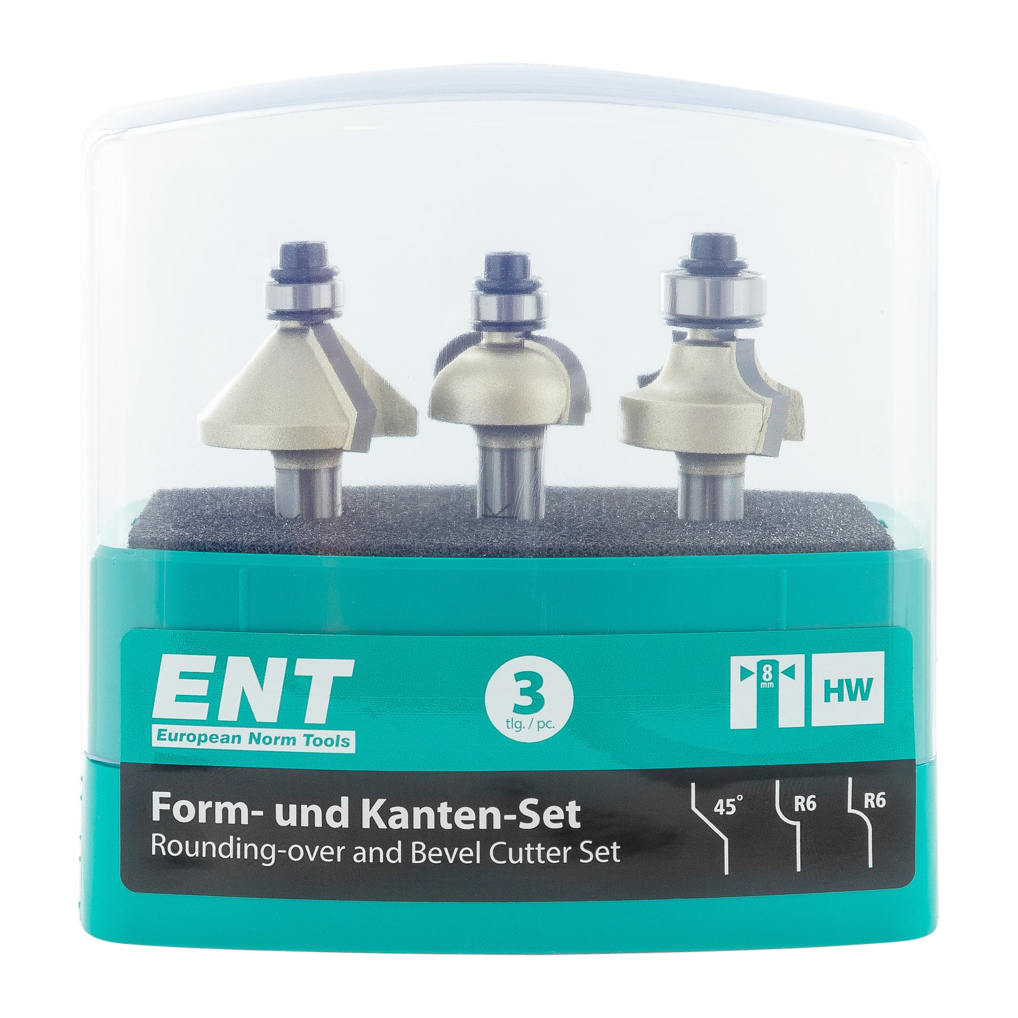 ENT 09063 3-częściowy zestaw frezów do krawędzi z węglikiem spiekanym, wałek (S) 8 mm, promień (R) 6 mm, kąt (E) 45°, do zaokrąglania i fazowania, wypukłe i wklęsłe