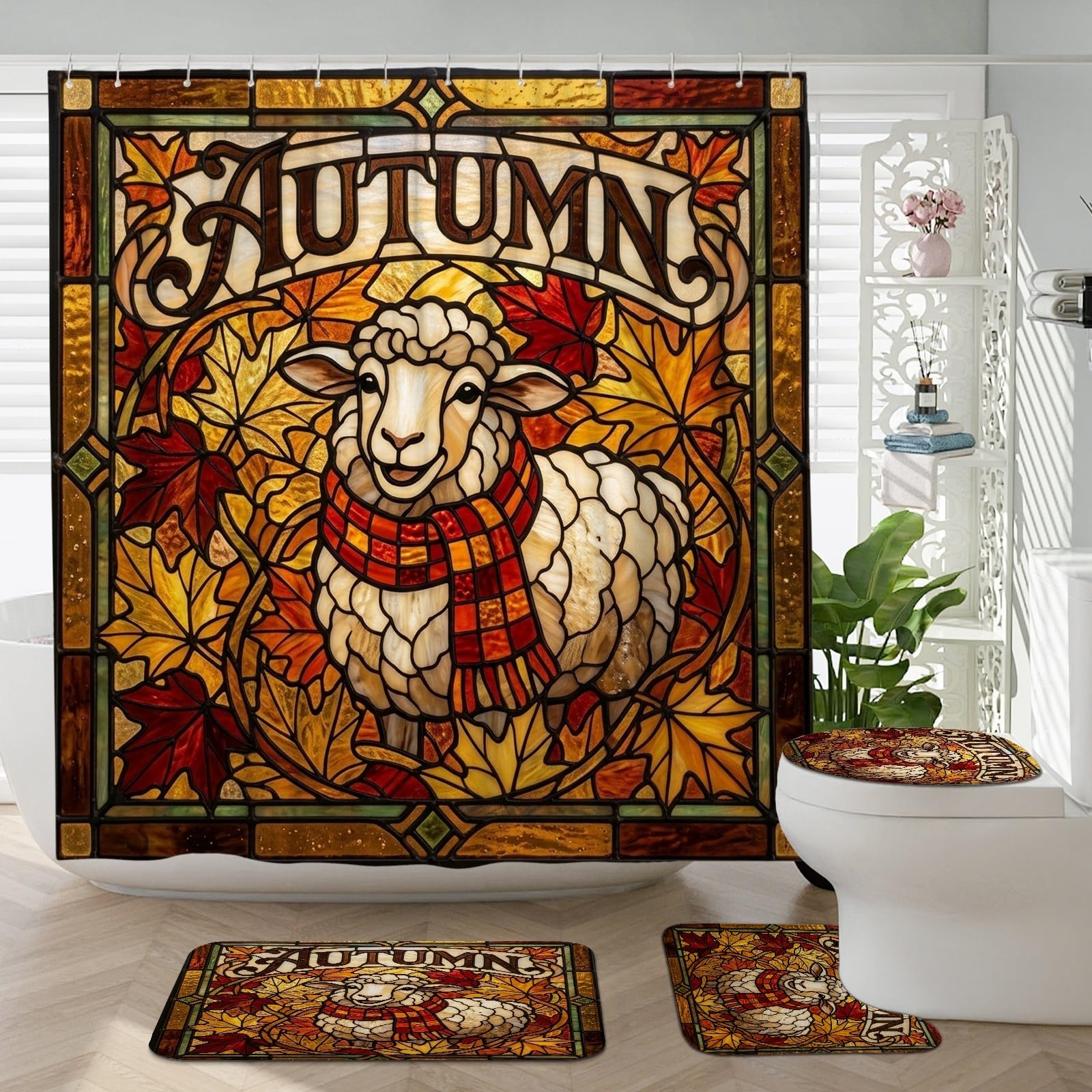 Rideau de douche mouton 183 cm et tapis pour une salle de bain festive