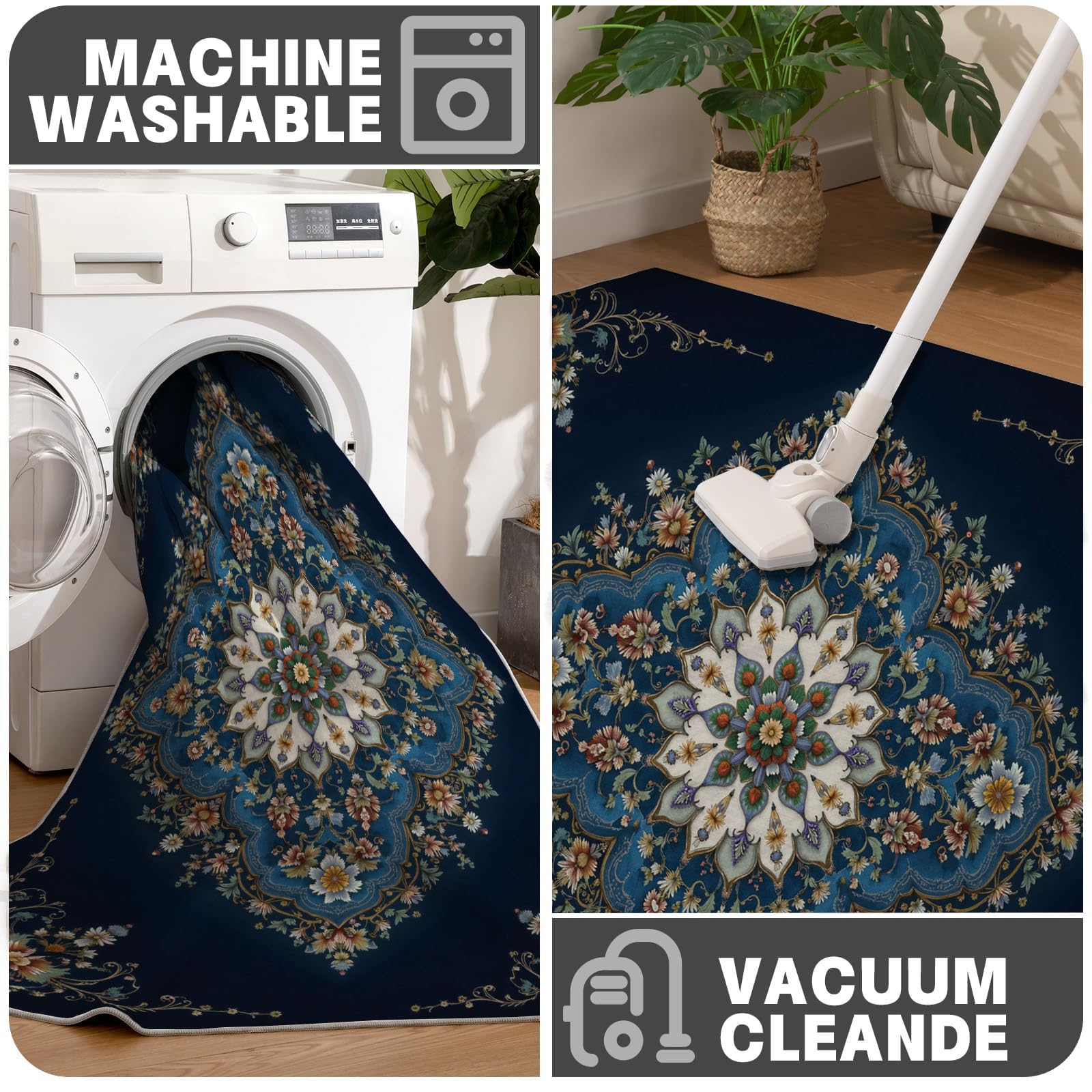 Tapis Rond 120cm Lavable Machine, Moquette Antidérapante Poil Bas Style Style de Tapis Persan, Motif Motif Floral géométrique Doux pour Salon, Chambre, Cuisine, Nursery, Bureau Bleu foncé