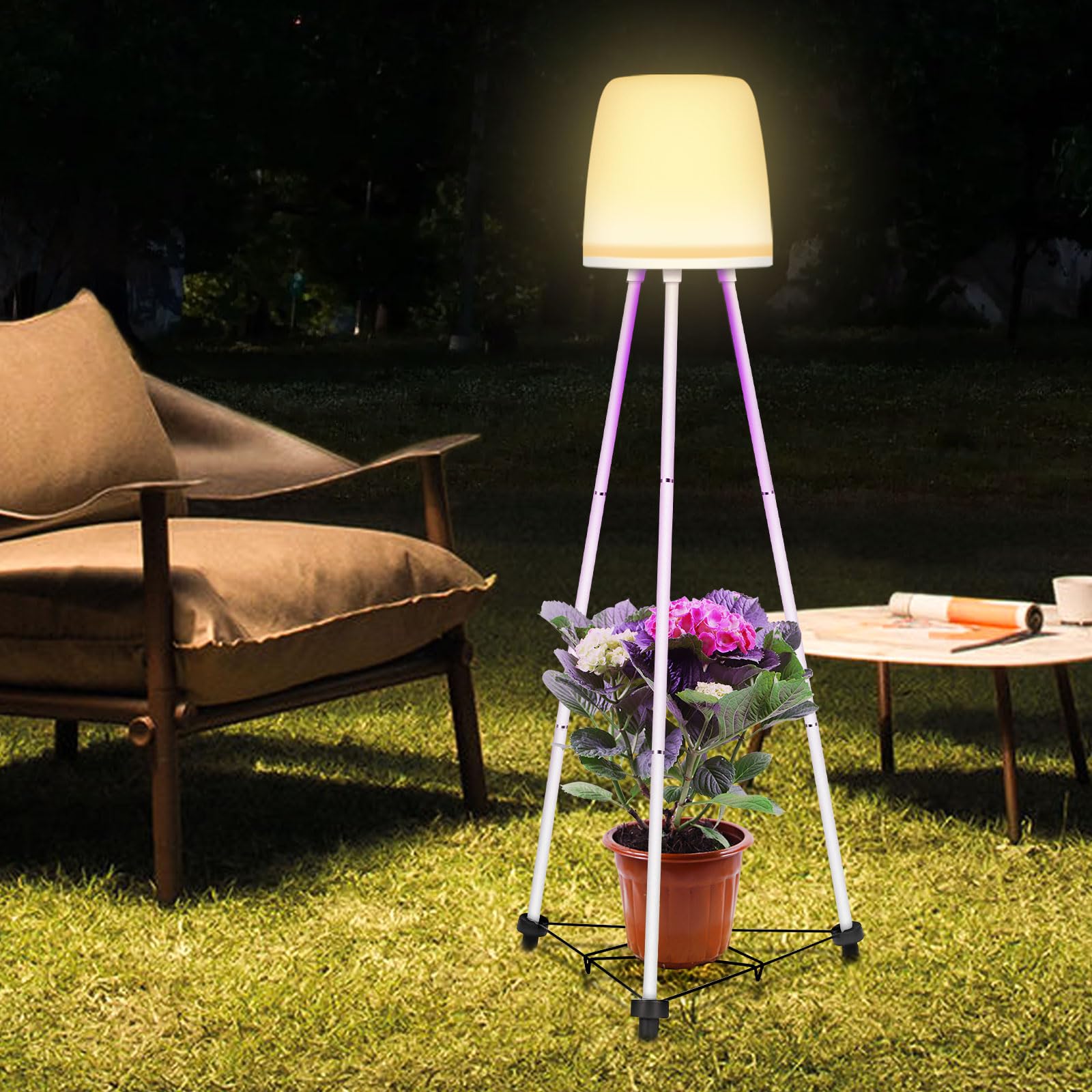 Solar Outdoor Floor Lamp for Patio - Waterproof Outdoor Lamps with Plant Stand Grow Light, Solar Powered Lantern with RGB Color Changing Lamp for Deck Yard Porch Garden Lawn Camping 45" Metal 2Pack