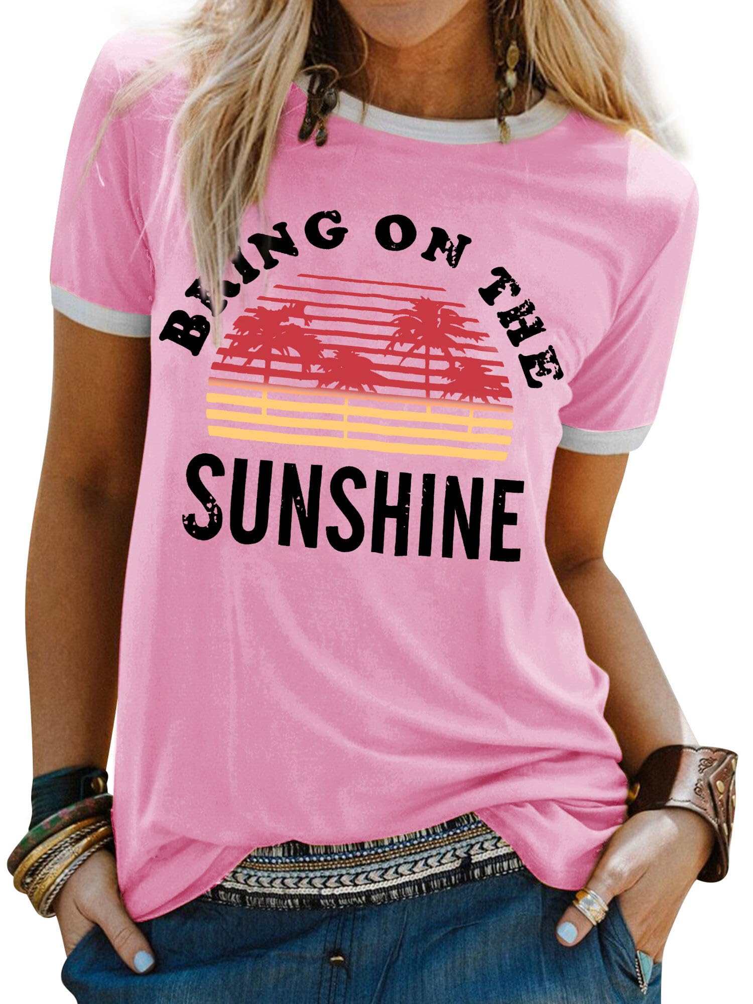 WIEIYM T-Shirt Damen Bring On The Sunshine Tshirt Sommer Lässig Tee Shirt Rundhals Kurzarm T-Shirts Brief Gedruckt Bluse Tops S-XXL