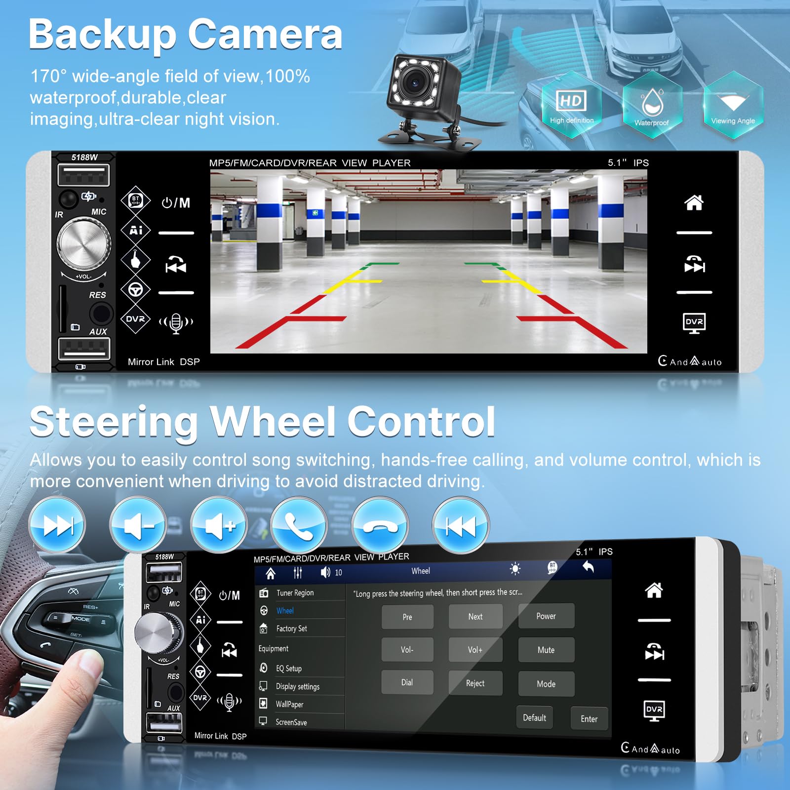 Autoradio 1 Din con Senza fili Carplay e Android Auto - Radio Bluetooth Touchscreen IPS da 5,1 Pollici con EQ, Mirror Link, Radio FM/AM/RDS, Bluetooth, Porta TF/AUX/USB, SWC + Telecamera di Backup