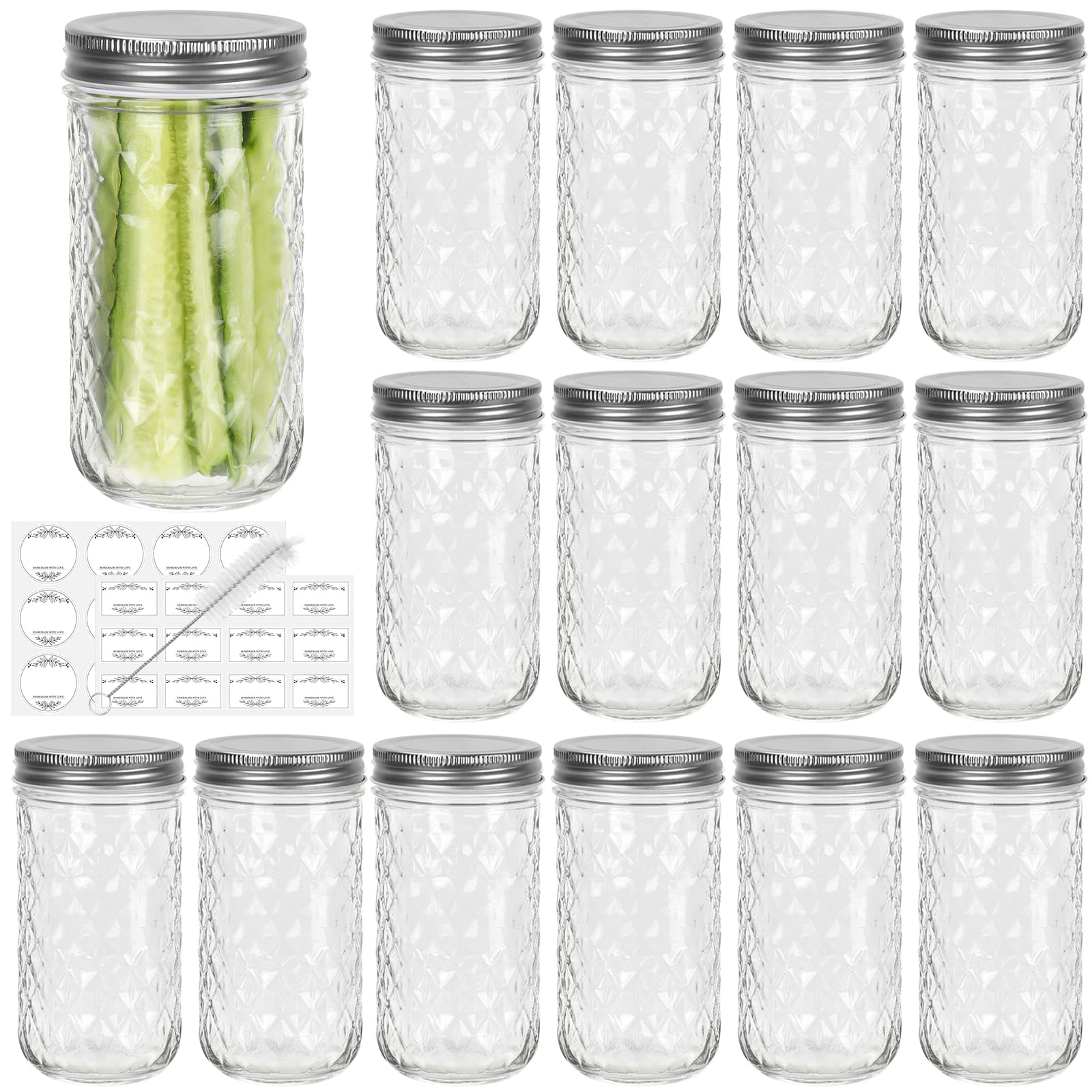 CycleMore15 Pcs 12oz Mason Jars With One Piece Silver Metal Lids, Canning Jars Glass Regular Mouth Jar for Honey, Jam, Jelly, Wedding Favors, Kitchen Food Storage
