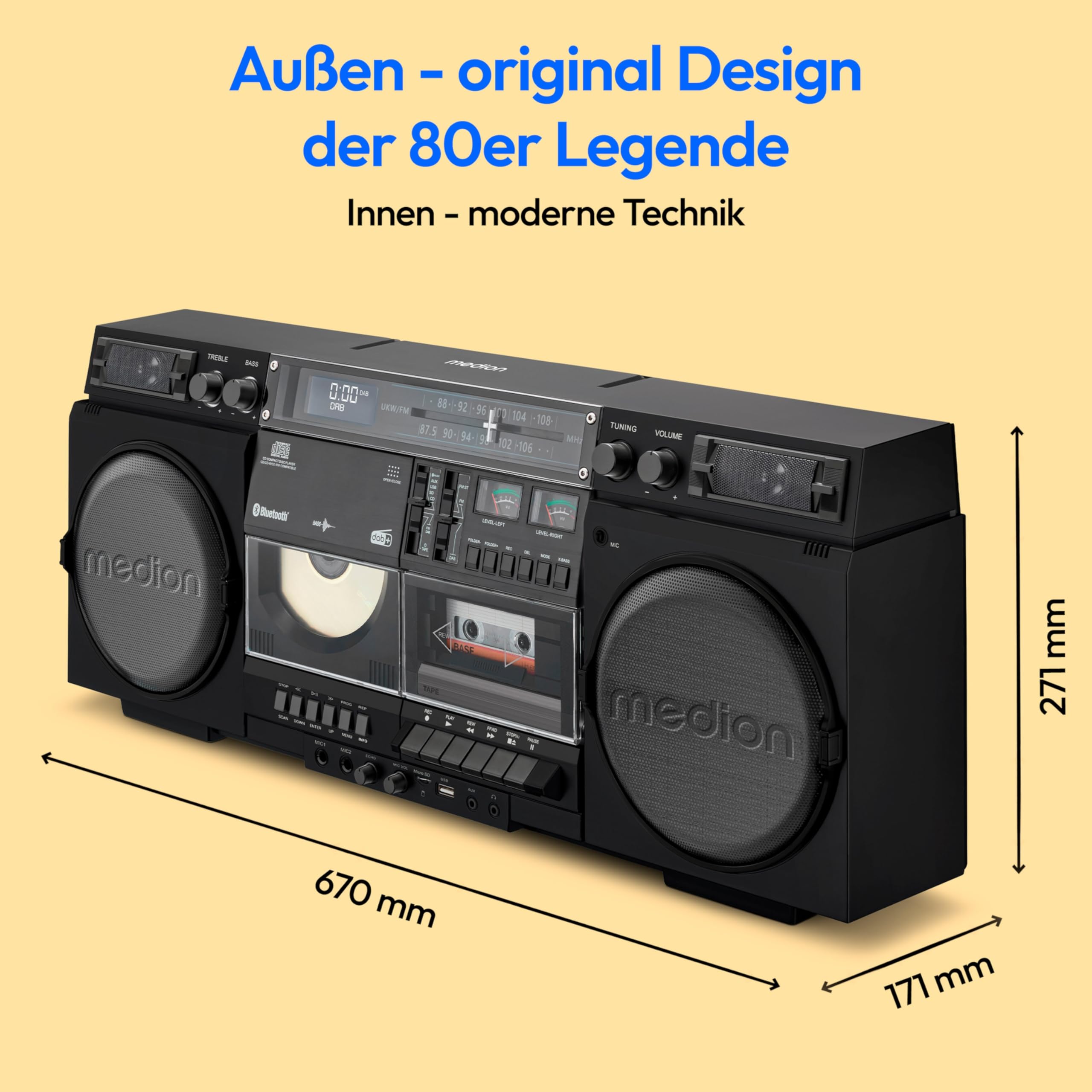 MEDION P66538 Kassettenrecorder (Retro Ghettoblaster mit CD-Player, 80er, groß, USB, SD, CD, Kassetten MC, DAB+ Radio Teleskopantenne, Bluetooth, Kassettendeck, Aufnahmefunktion