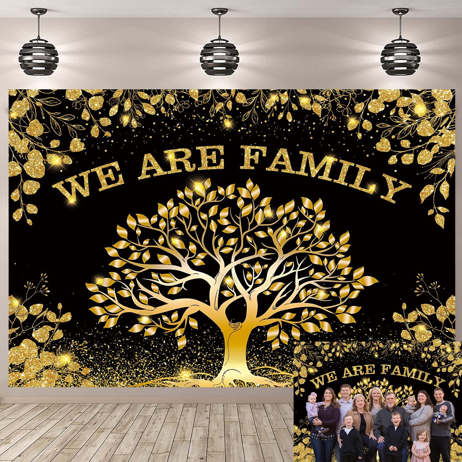 Family Reunion Backdrop Black Gold We are Family Photography Background Family Tree Banner for Welcome Home Member Gathering Party Decorations Supplies Photo Props (120x96 inch (10x8FT))