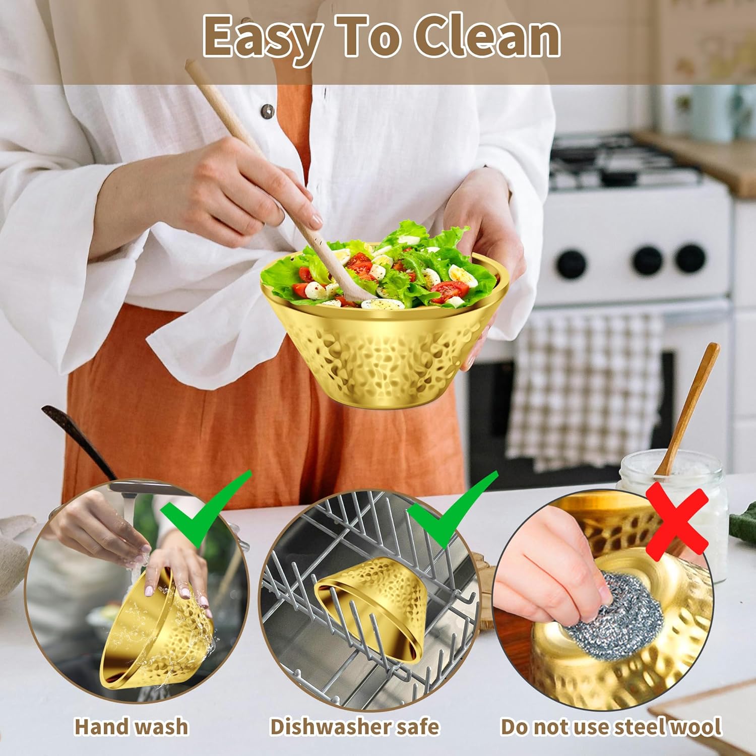 8Pcs 21 Oz Gold 304 Stainless Steel Soup Bowl, 5.9 In Double Walled Insulated Metal Mixing Bowl, Multi-Purpose Kitchen Serving Bowls for Snack, Rice, Ramen, Fruit, Ice Cream