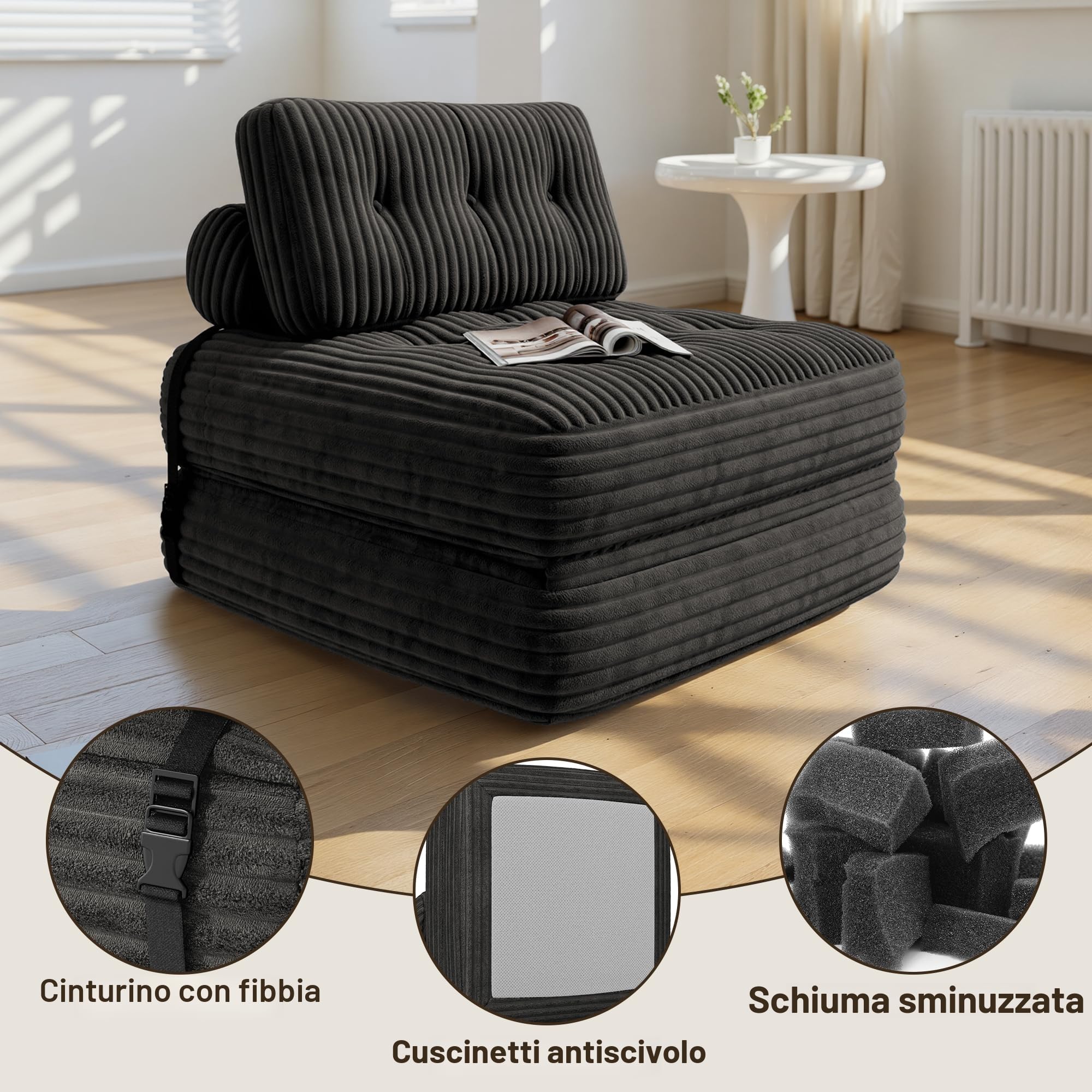 Xbro Divano Letto Singolo 2 in 1 Pieghevole in Velluto a Coste Salvaspazio, Poltrona Letto per Monolocale e Camera Ospiti, 85x170 cm, Grigio Scuro