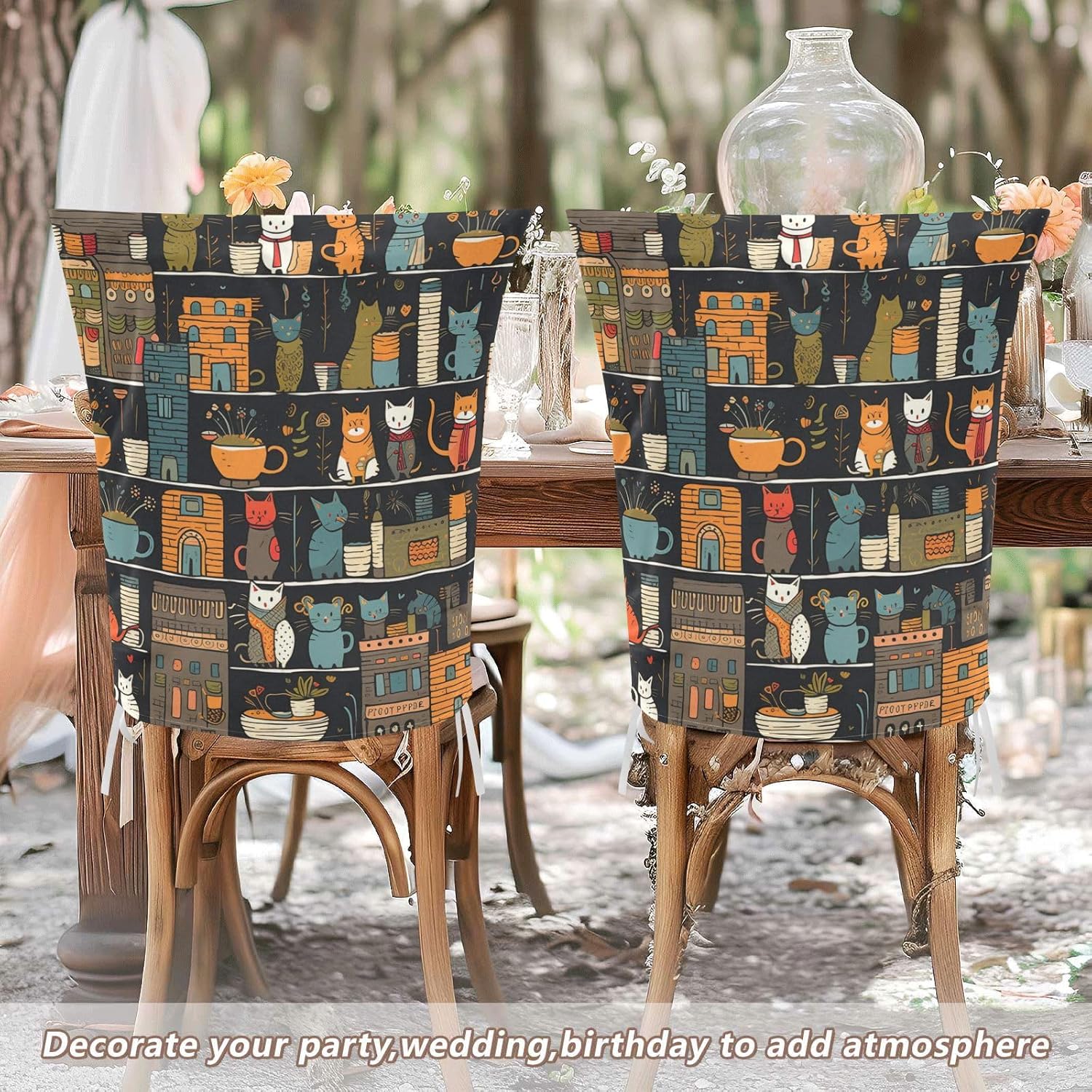 ALAZA Cute Cat Stand on The Shelf Chair Back Cover Set of 6, Washable Reusable Removable Chair Slipcovers Decorative Chair Cover for Home Kitchen Wedding Party