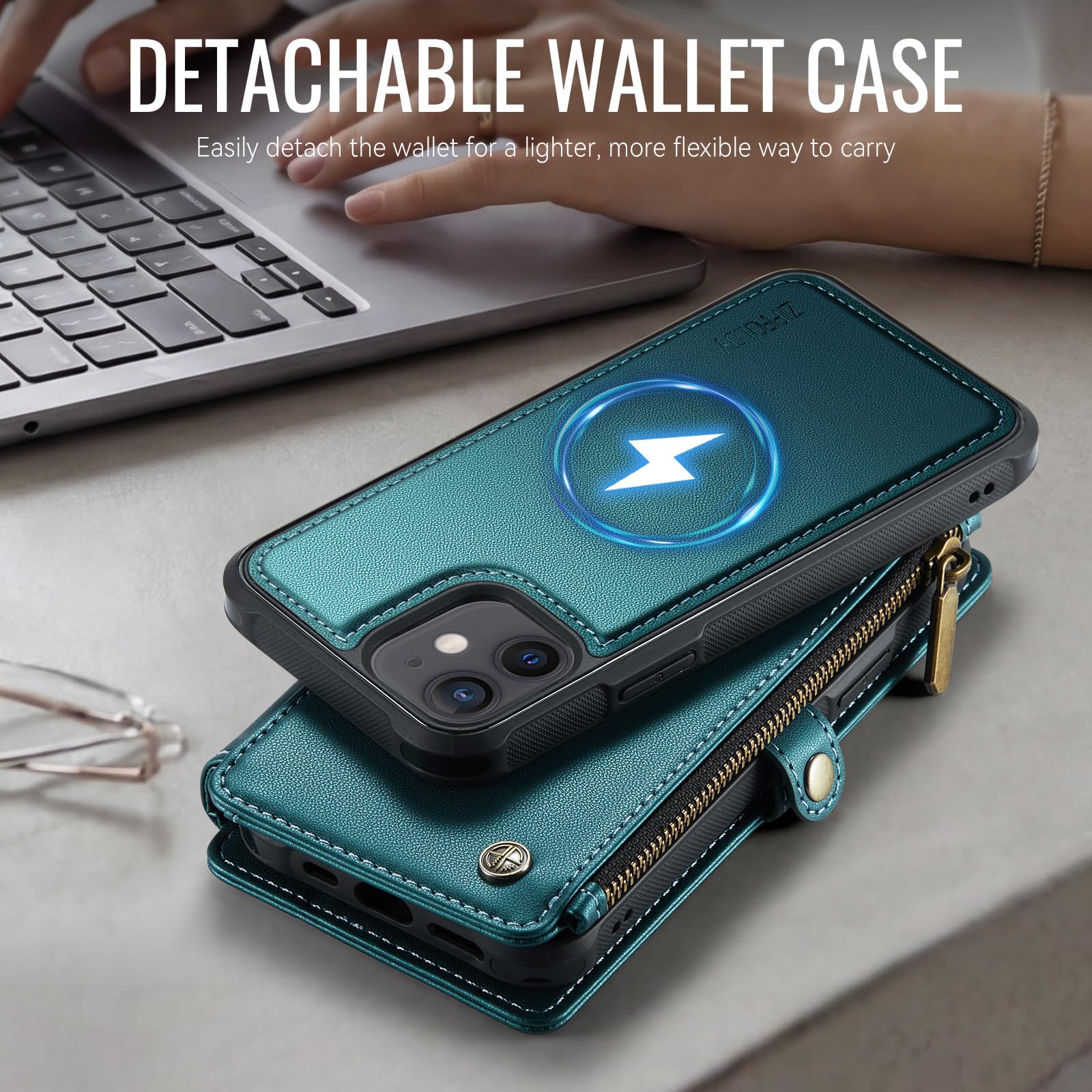 per iPhone 11 - Custodia a portafoglio magnetica staccabile | Compatibile con Magsafe, porta carte di credito con blocco RFID, tasca con cerniera, cinturino da polso