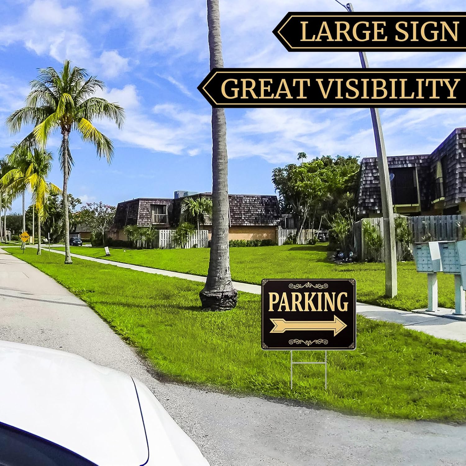 Menkxi 6 Pcs 12 x 16 Inch Outdoor Event Parking Signs with Arrow Double Sided Corrugated Plastic Yard Signage with Stakes in 3 Designs Waterproof Guest Directional Arrow Signs for Yard, Black and Gold