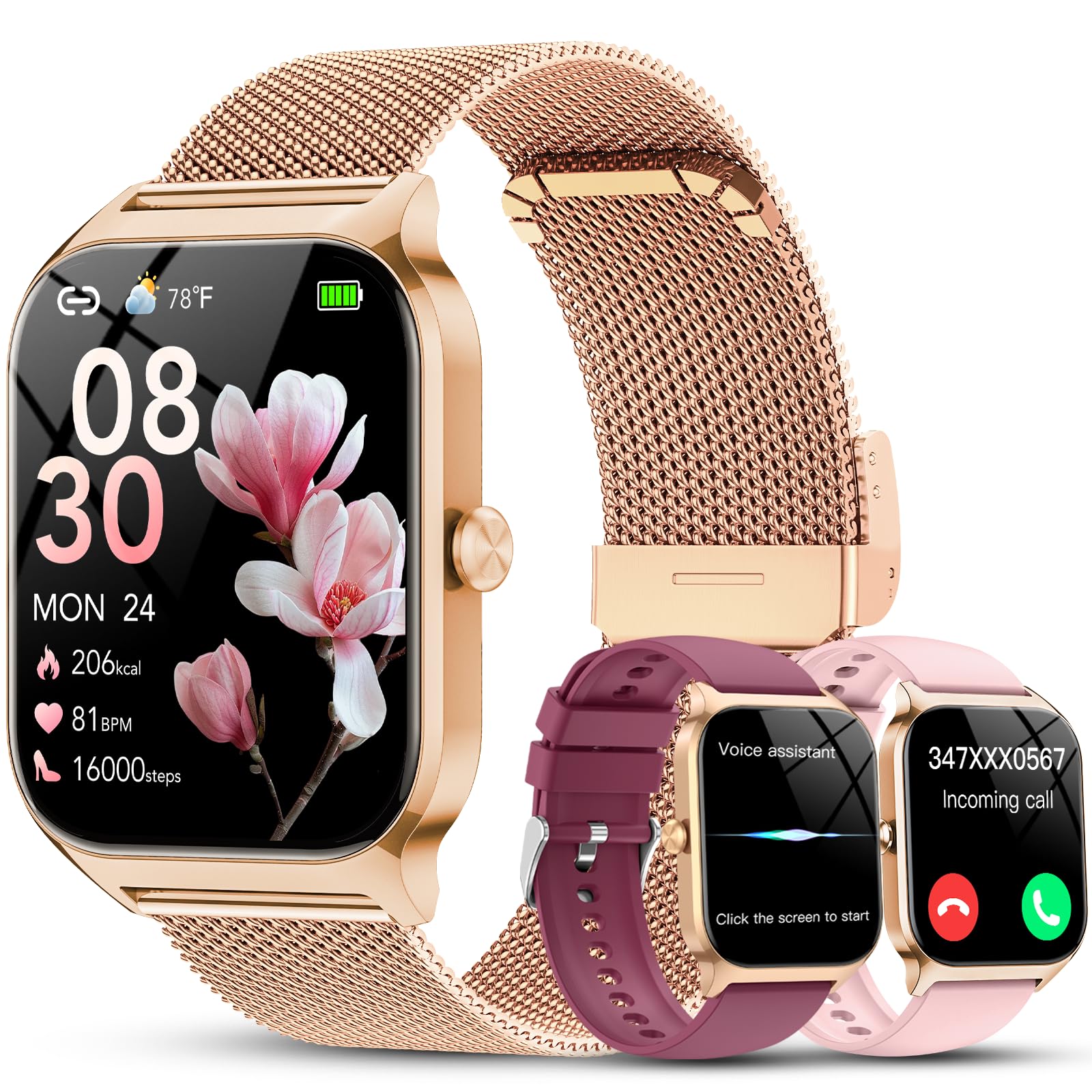 Smartwatch Damen mit Bluetooth-Anrufe(3 Strap), Fitnessuhr mit KI-Assistent, 1.85"HD Uhren mit Herzfrequenz SpO2 Schlafmonitor Schrittzähler, 120+ Sportmodi, Smart Watch Kompatibel für iOS Android
