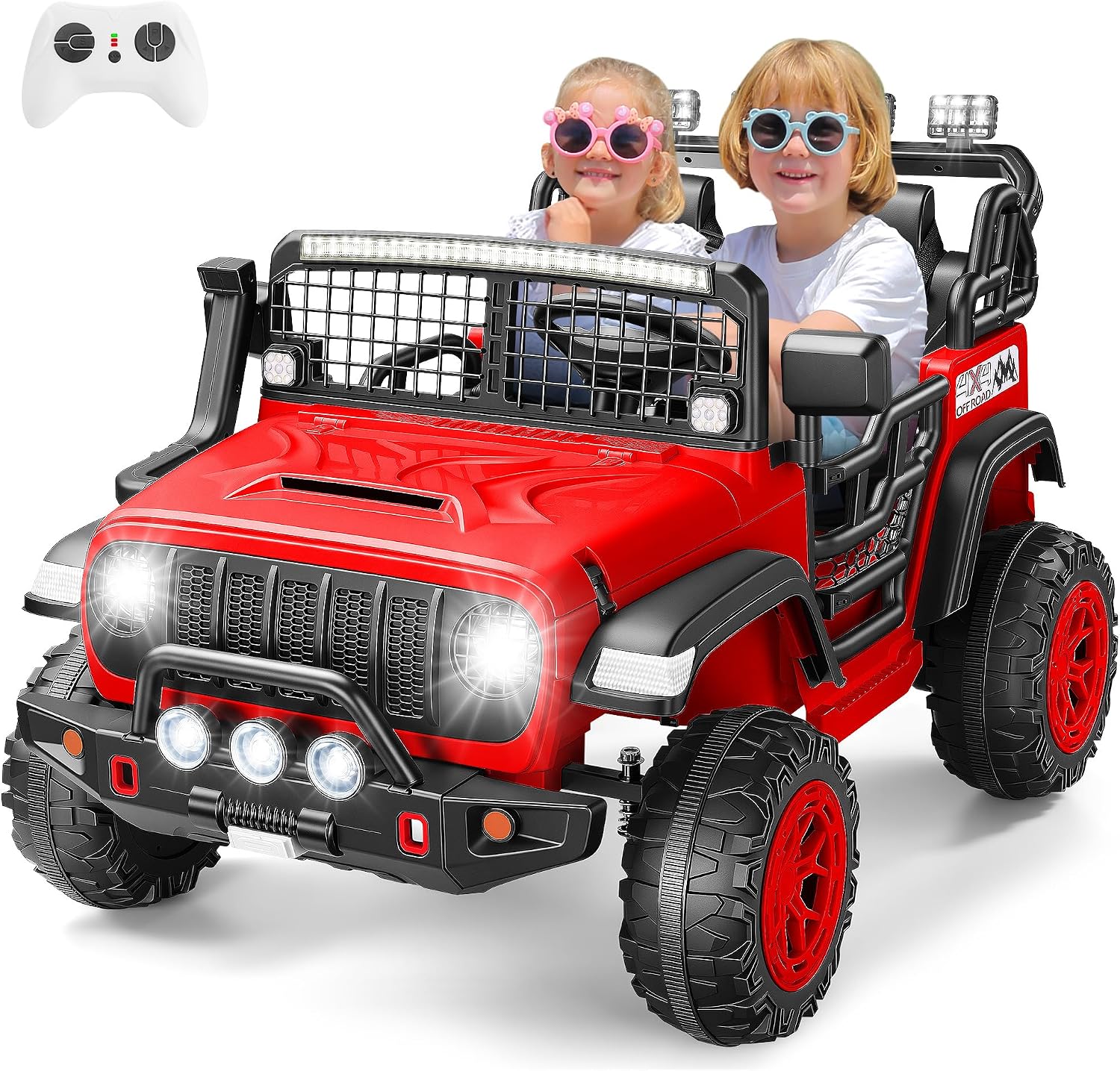 Hikole 24V 2 Seater Ride on Car for Kids 3-8, Off-Road Electric SUV w/Remote Control, 2x200W Motors, 20" Wide Seat, Spring Suspension, 3 Speeds, Bluetooth Music, LED Lights, Black