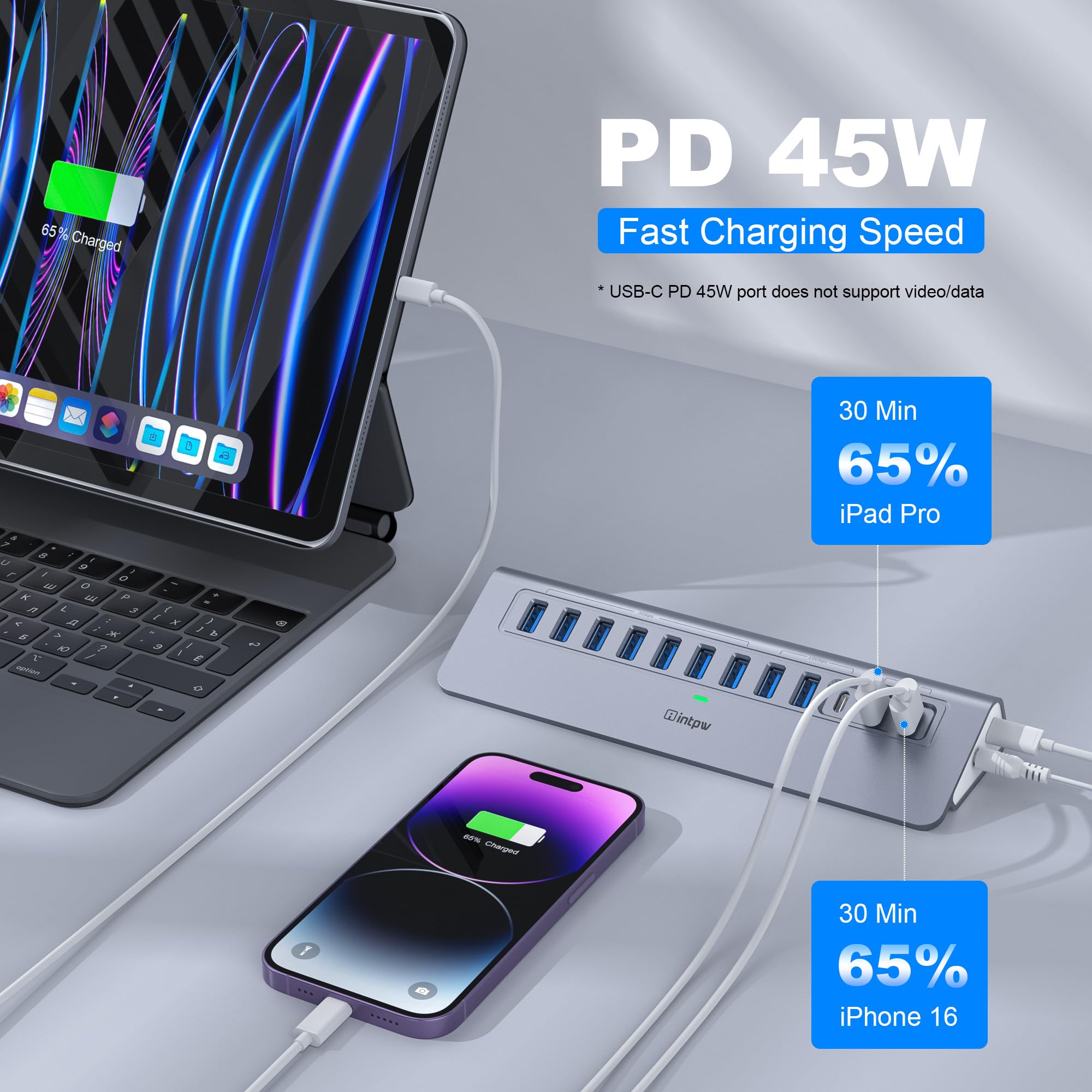 YH9AC - Concentrador USB alimentado de 10 Gbps, divisor USB de 12 puertos con USB A/USB C 3.2, 4 USB 3.0, 2 puertos de carga PD de 45 W, adaptador de corriente de 65 W + cable de 3.3 pies