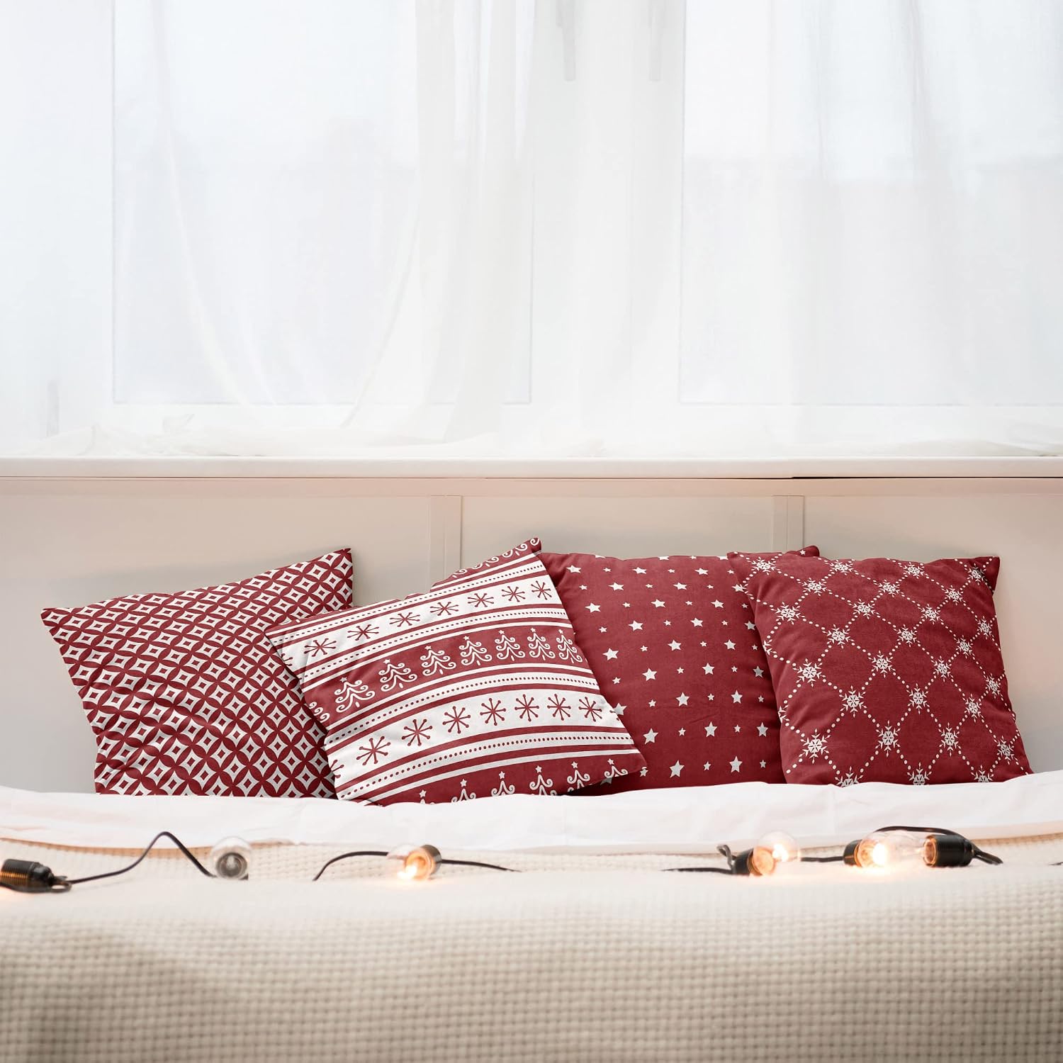 Ambesonne Christmas Throw Pillow Cushion Case Pack of 4, Stars Scandinavian Tree Stripes Circles Diamond Check Noel Concept New York, Modern Accent Double-Sided Digital Printing, 18", Ruby and White