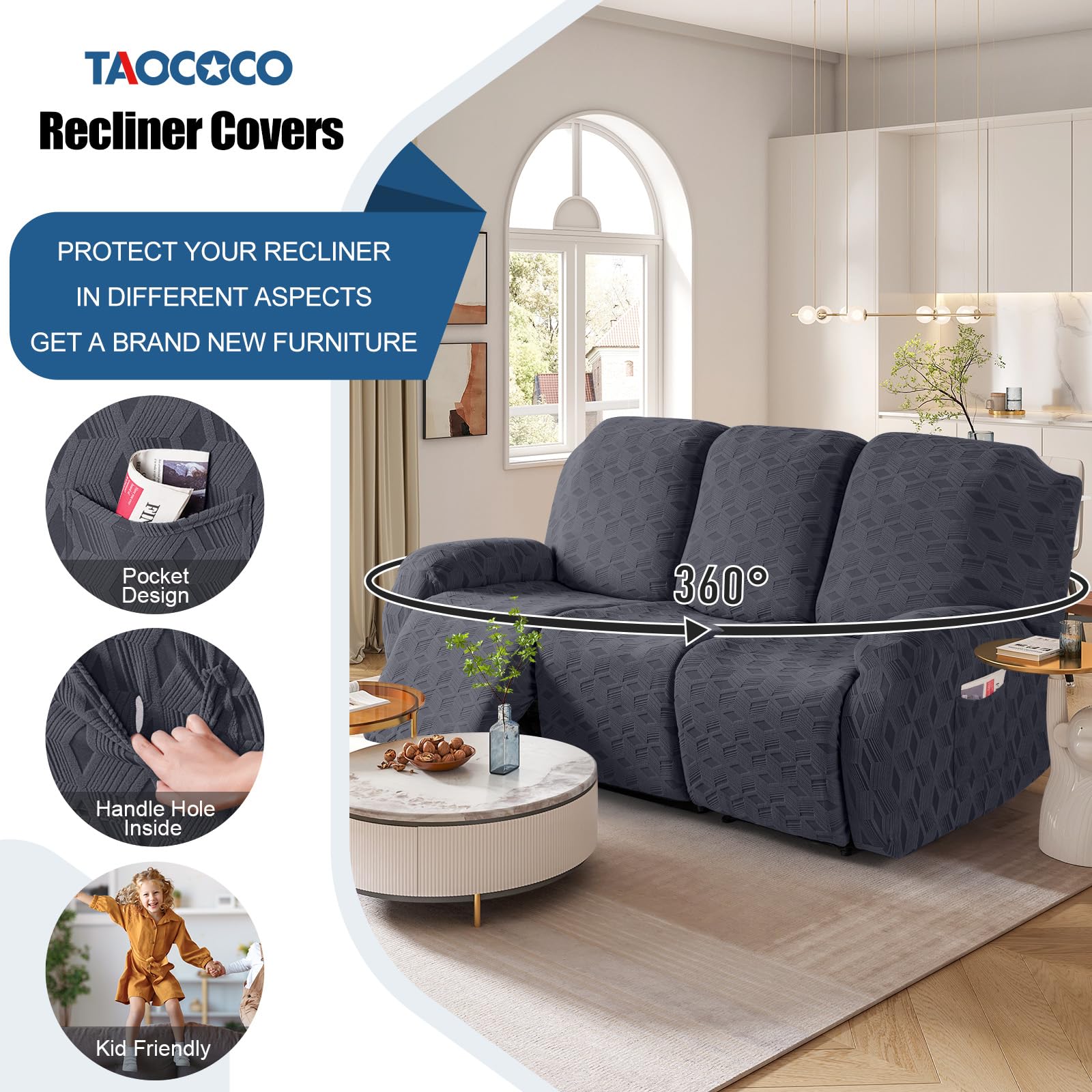 Fundas para sofá reclinable, funda elástica para sofá reclinable de 3 plazas, funda protectora de muebles de 3 asientos, fundas de sofá con parte inferior elástica para niños y mascotas (gris 4
