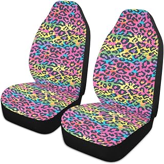 ALAZA Rainbow Leopard Cheetah Print Car Seat Covers Front Seats Only for Women Men Seat Covers w/Organizer Pocket for Cars SUV Truck Sedann