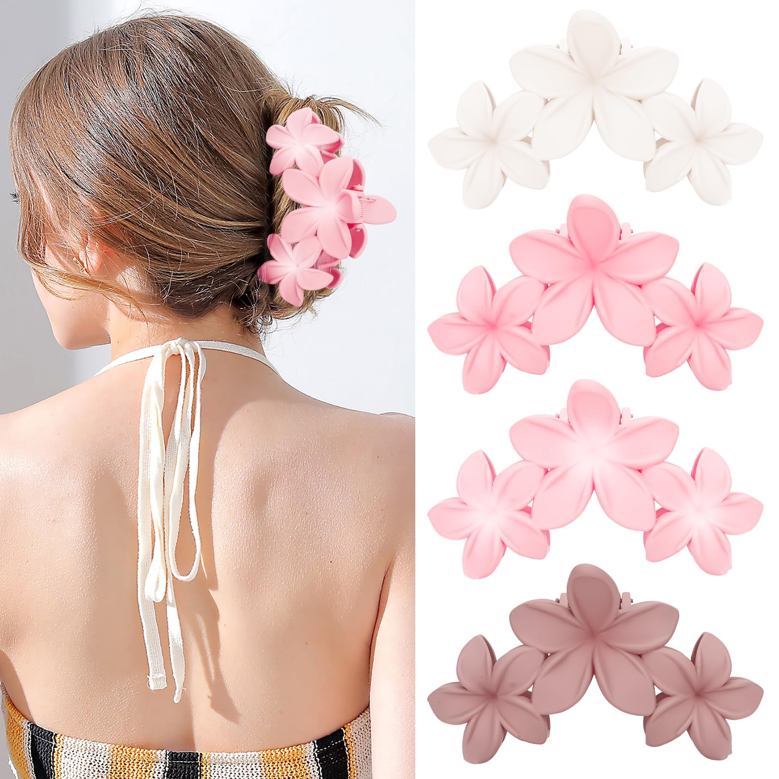 ANBALA Flower Claw Hawaiian Hair Clip, 4PCS Large Plumeria Hair Clips for Women, Non-Slip Strong Hold Clips for Thick Hair, Beach Hair Accessories (
