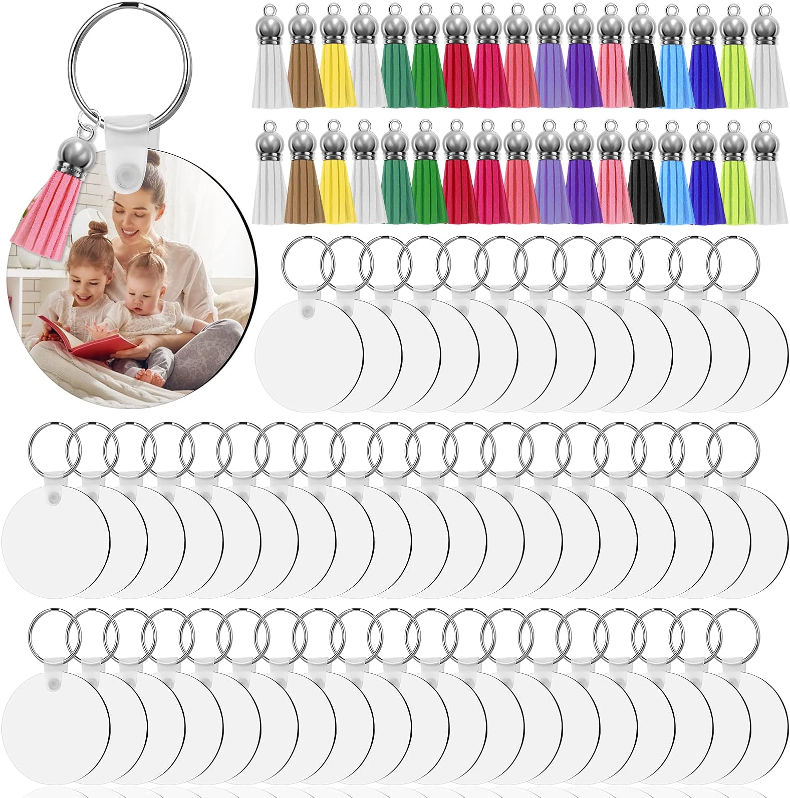 Cruzix200 PCS Sublimation Blank Keychain, MDF Keychains Ornament Tag Set with 2 Inch Heat Transfer Keychain Blanks, Key Rings, Jump Rings, Tassels, for DIY Art Craft Ornaments Office Tag