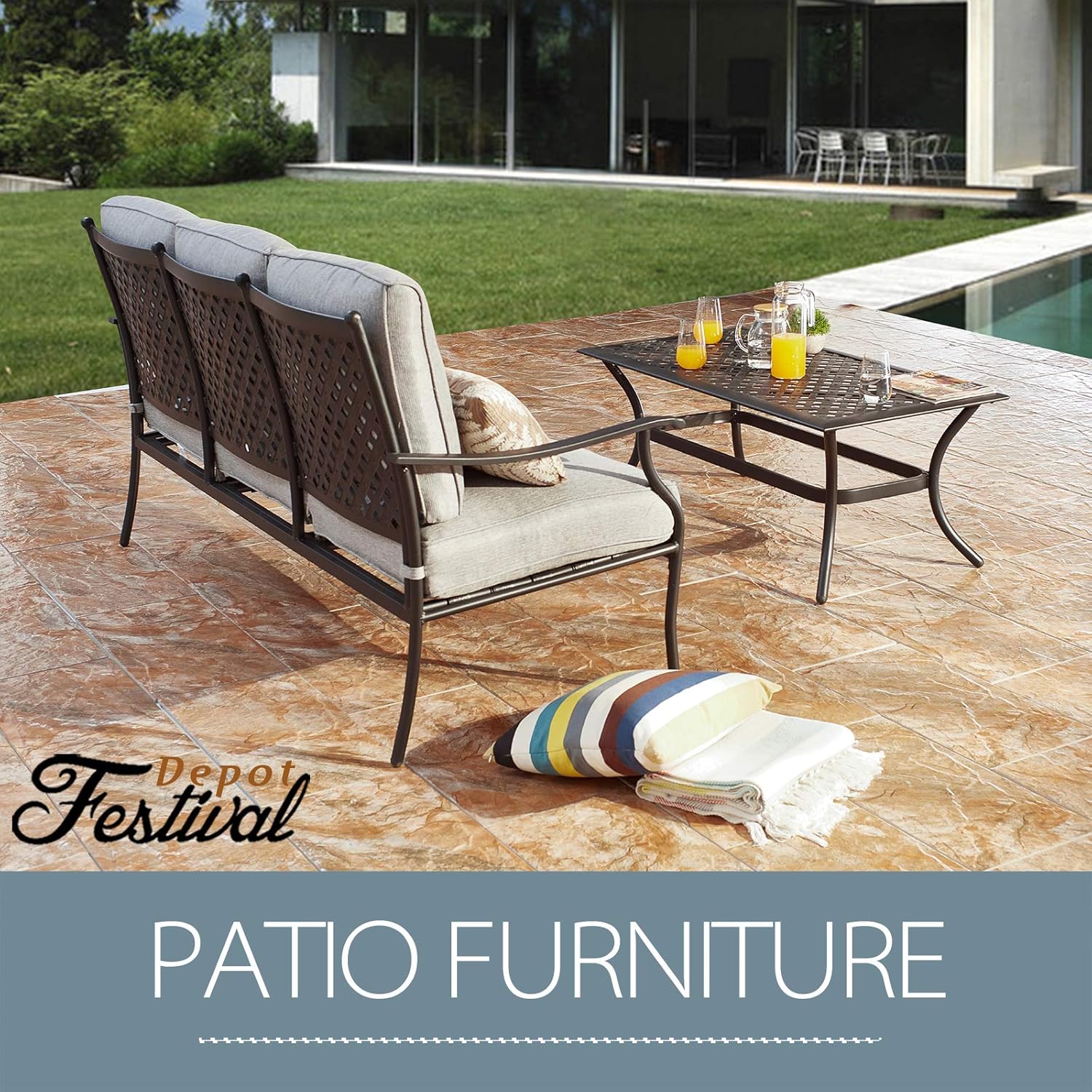 Festival Depot 2Pcs Conversation Set Metal Patio Sofa with Thick Cushions and Coffee Table Outdoor Furniture for Deck Garden (Grey)