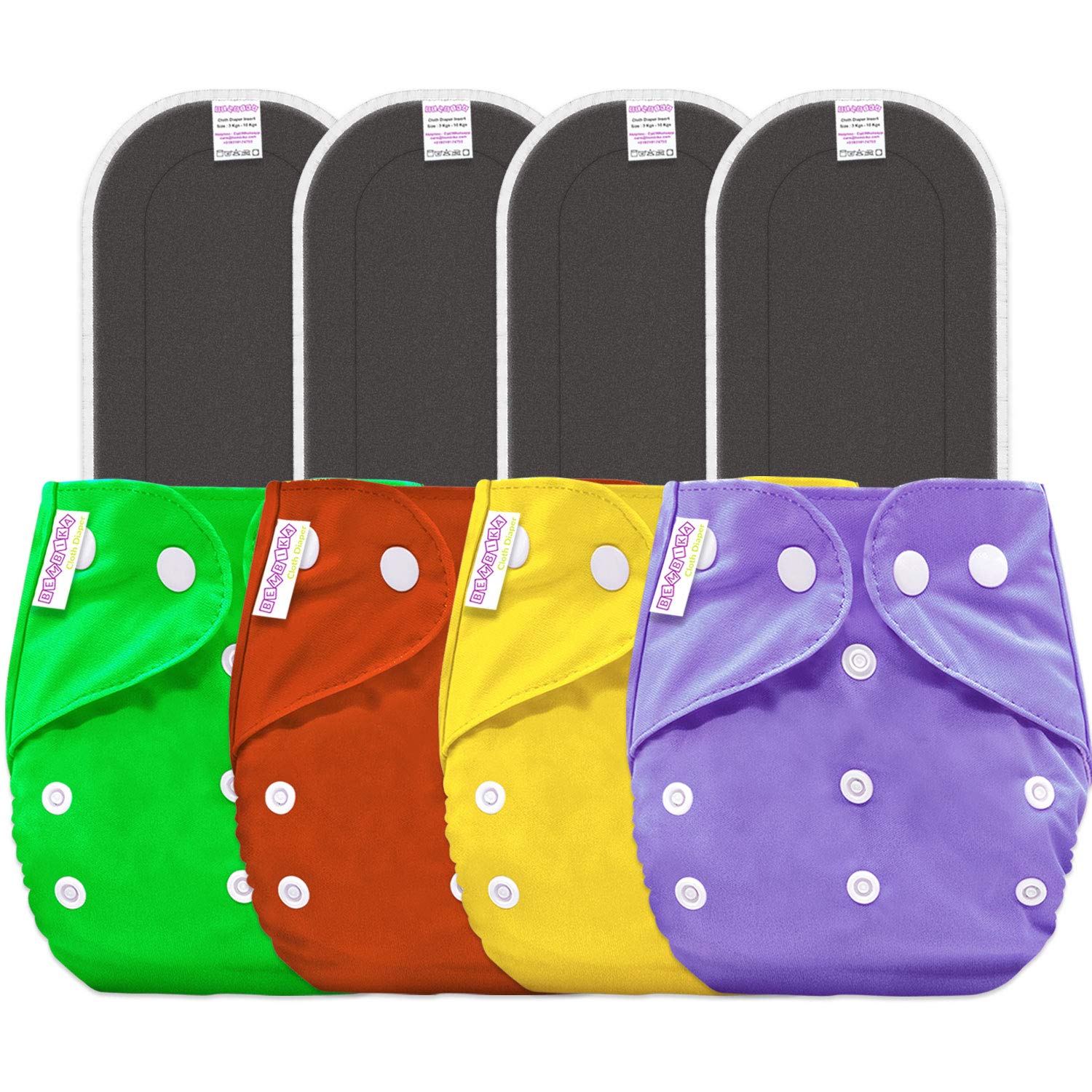 Bembika Baby Pocket Cloth Diapers with Double Gusset, Reusable Cloth Diapers Washable Adjustable Cloth Diapers One Size Adjustable Reusable (0-2 Years) (4 Pack) (5 Layer Bamboo Charcoal Inserts Included)