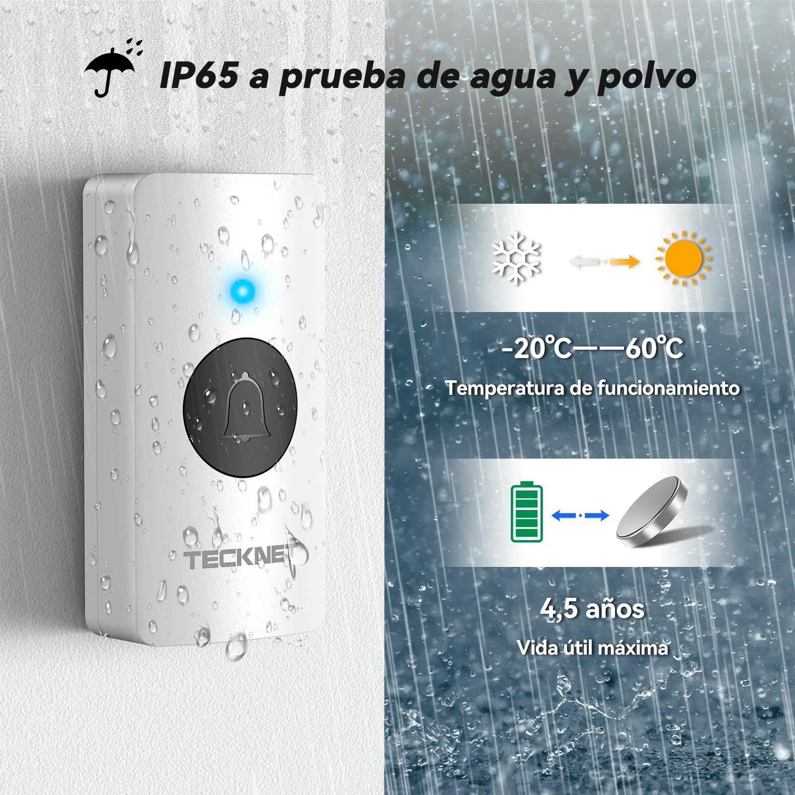 TECKNET Timbre inalámbrico IP65 impermeable 400m para casa | 2 timbres & 4 receptor, 60 tonos, 5 niveles de volumen, batería incluida, Función de memoria, luz LED, para exterior