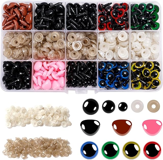 560pcs Plastic Safety Eyes and Noses, Safety Eyes for Toys Colourful Craft Doll Eyes Including 205 pcs Safety Eyes, 75 pcs Safety Noses with 280 pcs washers for Making Crochet Toy DIY Craft