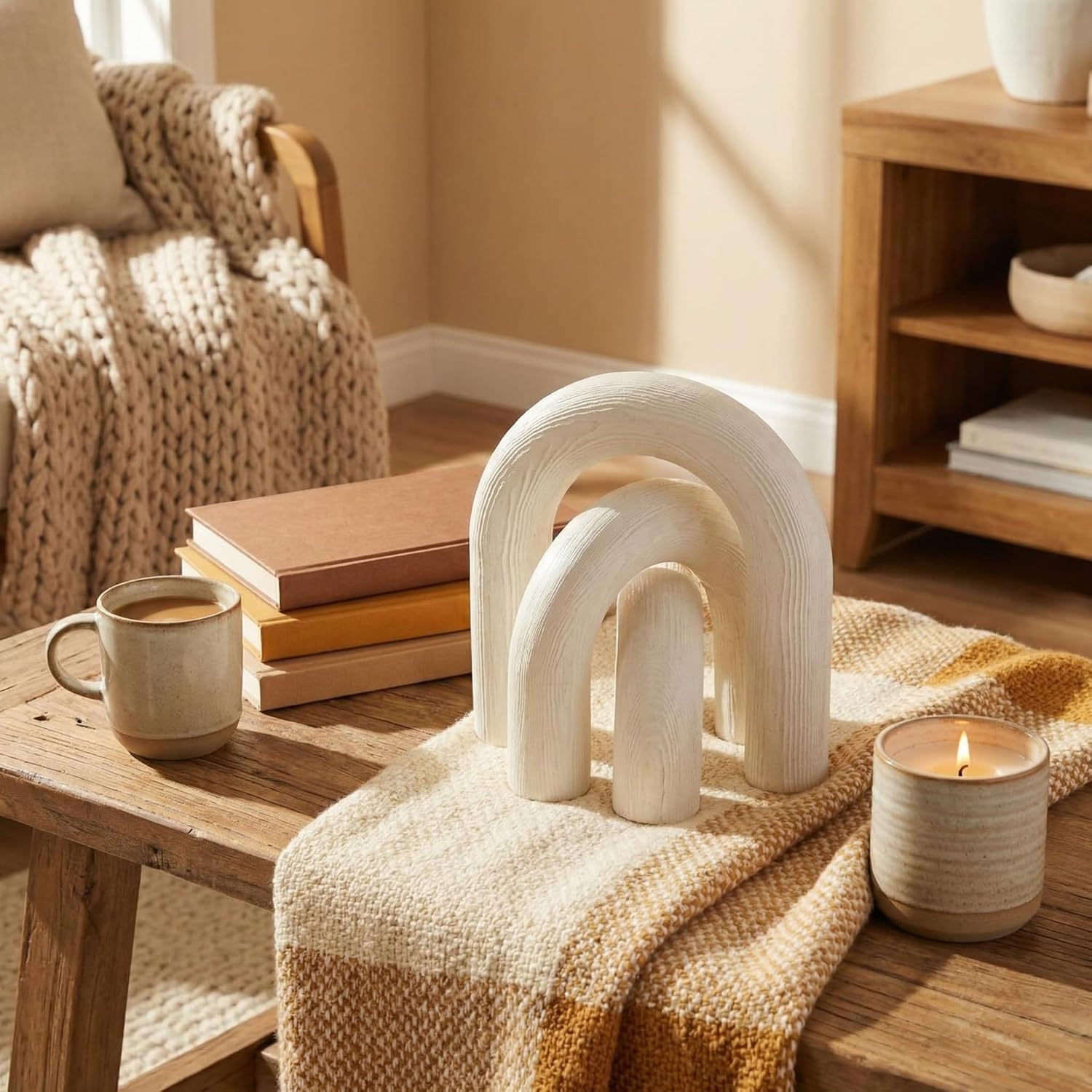 Yerliker 2 Pack Wood Chain Link and Arch Decor White Wooden Shelf Decor for Shelves, Coffee Table Sculpture, Bookshelf Accessories, Entryway Table Decorations