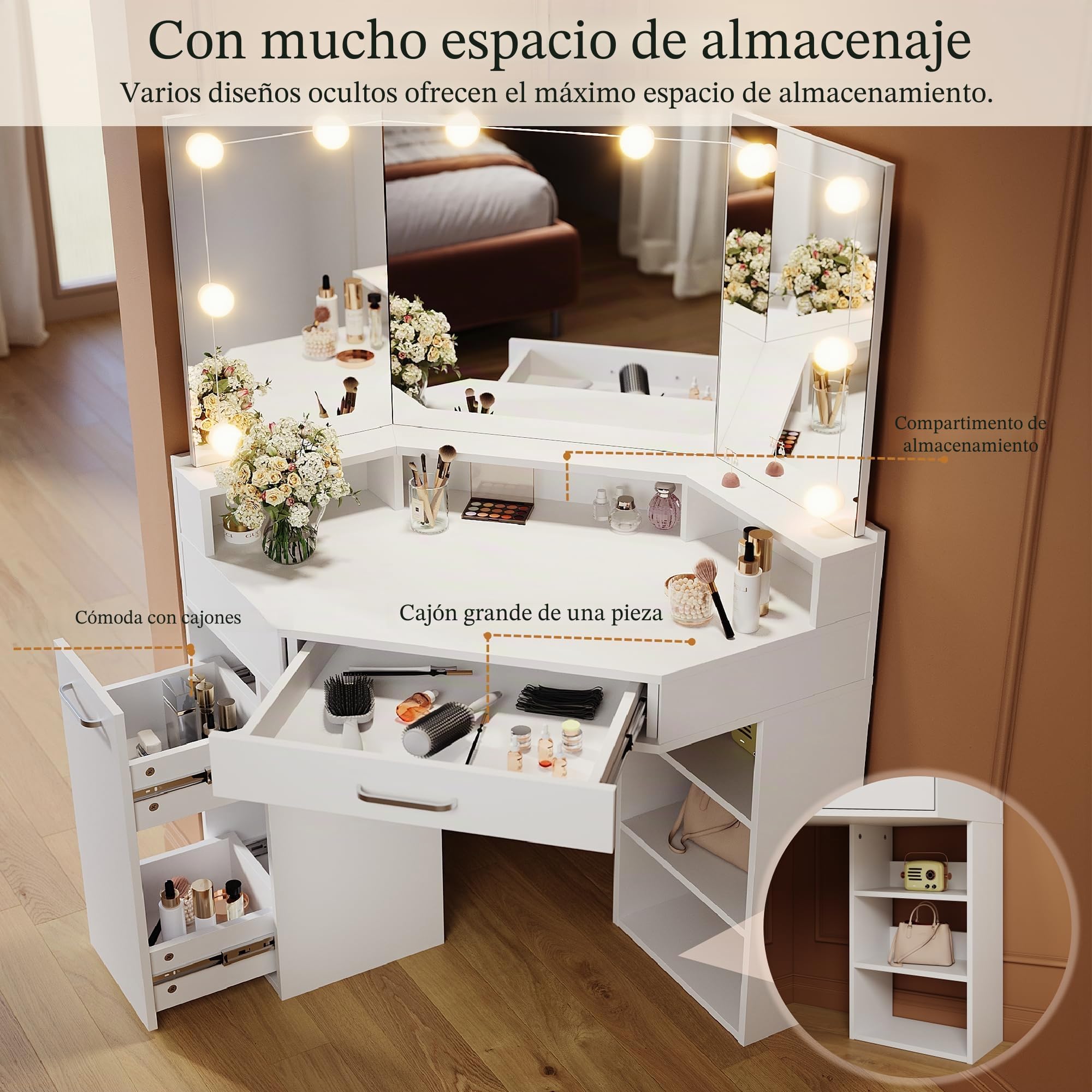 Tocador esquinero con espejo plegable, 110 x 54 x 141,5 cm, iluminación, 3 modos de luz, brillo ajustable, tocador con cajones y compartimento abierto, color blanco