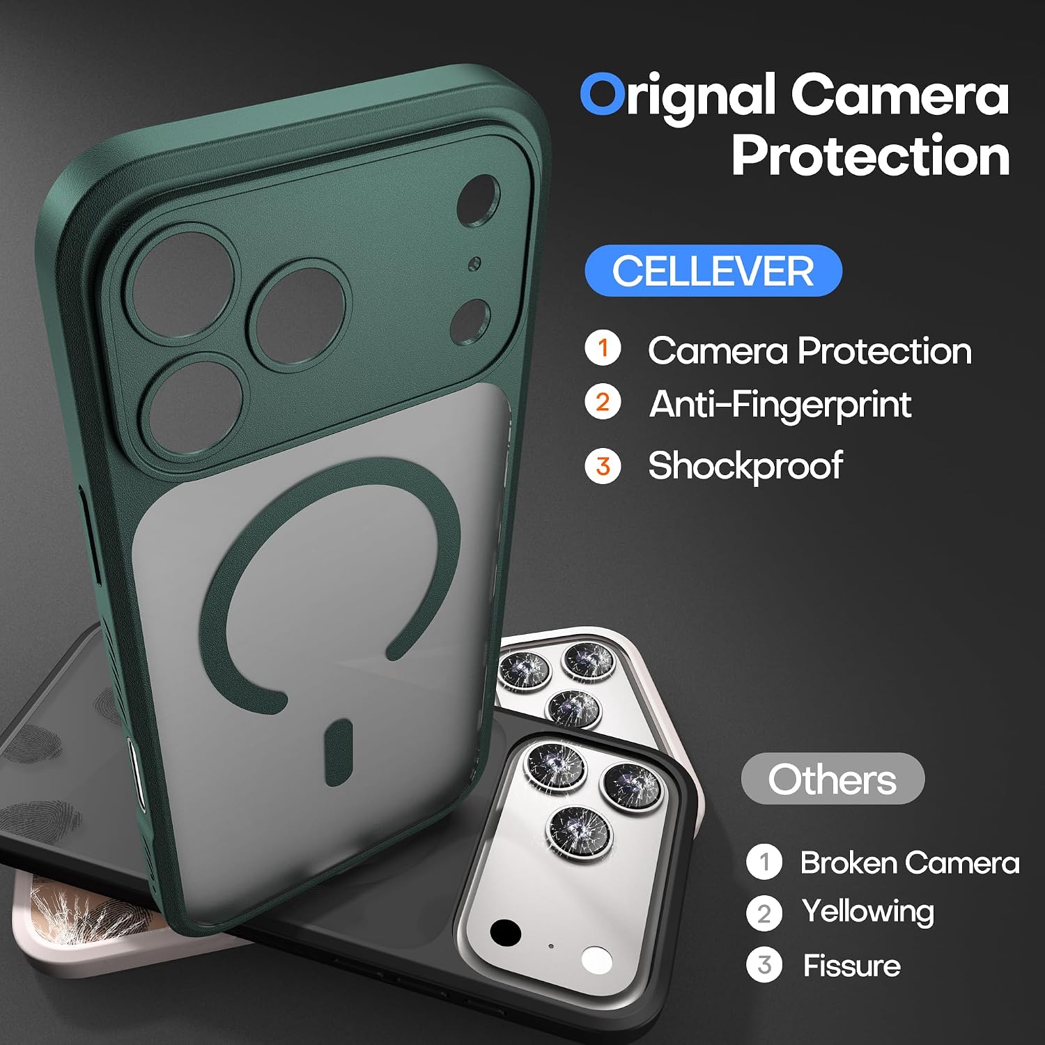 CellEver Strong Magnetic for iPhone 17 Pro Max Case with Camera Control Capture Button [Camera Protection] [Military Drop Protection] [Compatible with MagSafe] Slim Translucent Matte Cover, Dark Green