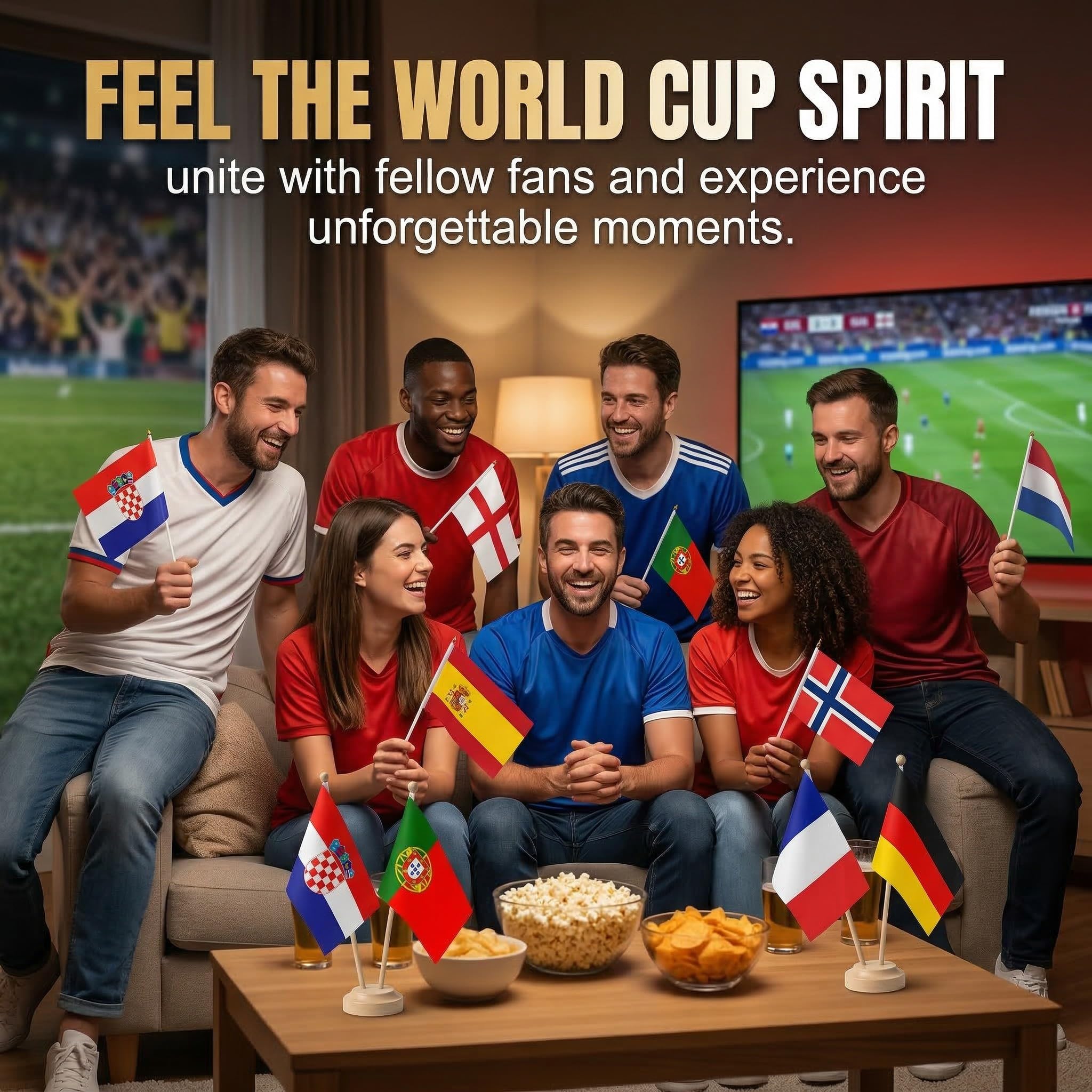 Bandera de Mano 2026 Copa del Mundo Fútbol, 8 Países 30cm Palo, Doble Cara Decoración Mundial