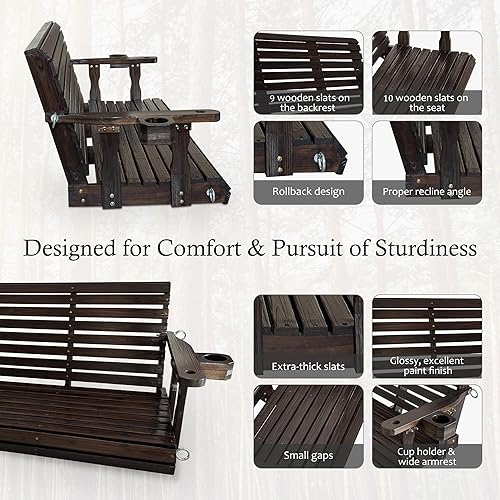 Miniatura 5 de Fortune Candy Columpio de madera para porche de 3 plazas, respaldo alto y asiento profundo, columpio de banco con portavasos, cadenas colgantes y