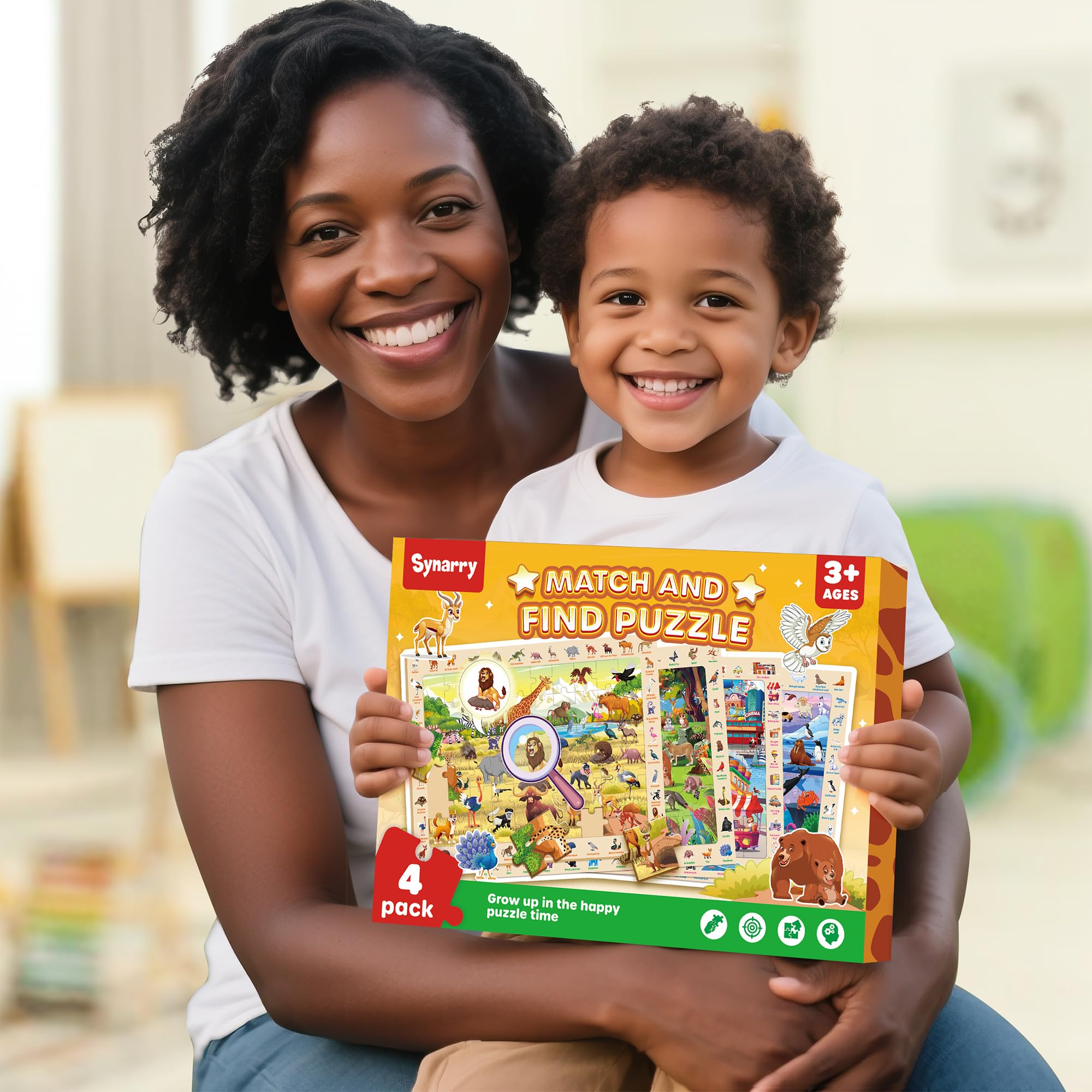 SYNARRY Puzzles en bois pour enfants de 4 à 6 ans, 4 x 60 pièces pour enfants de 3 à 5 ans, garçons et filles