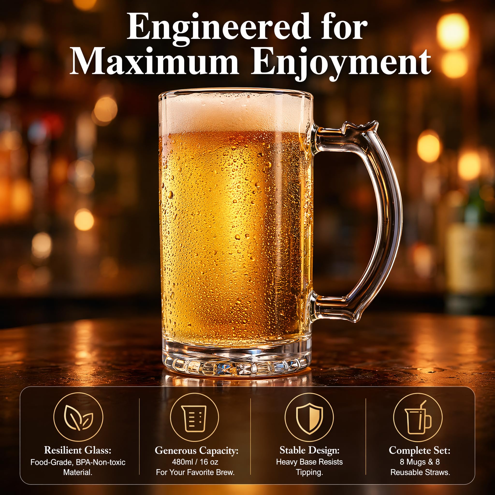 Okllen Paquete de 8 tazas de cerveza de vidrio de 16 onzas con asa, tazas de cerveza grandes de vidrio pesadas con pajitas de acero inoxidable, base pesada, vasos gruesos para congelador, bar, cóctel,