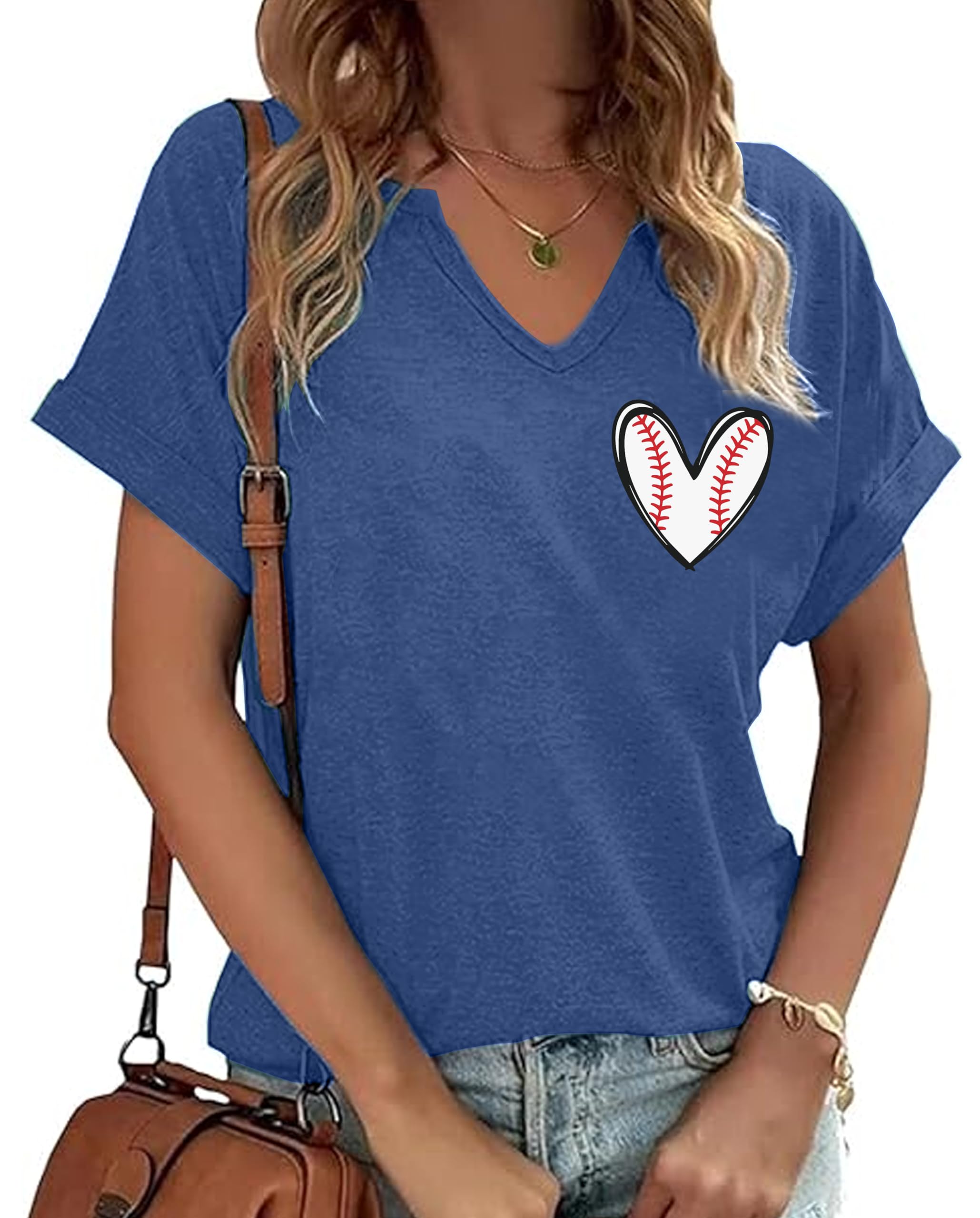 (Size S) Baseball Mama Shirt Baseball Mom Tshirt Game Day V-Neck Short Sleeve Cheer Mom Heart Graphic Tees