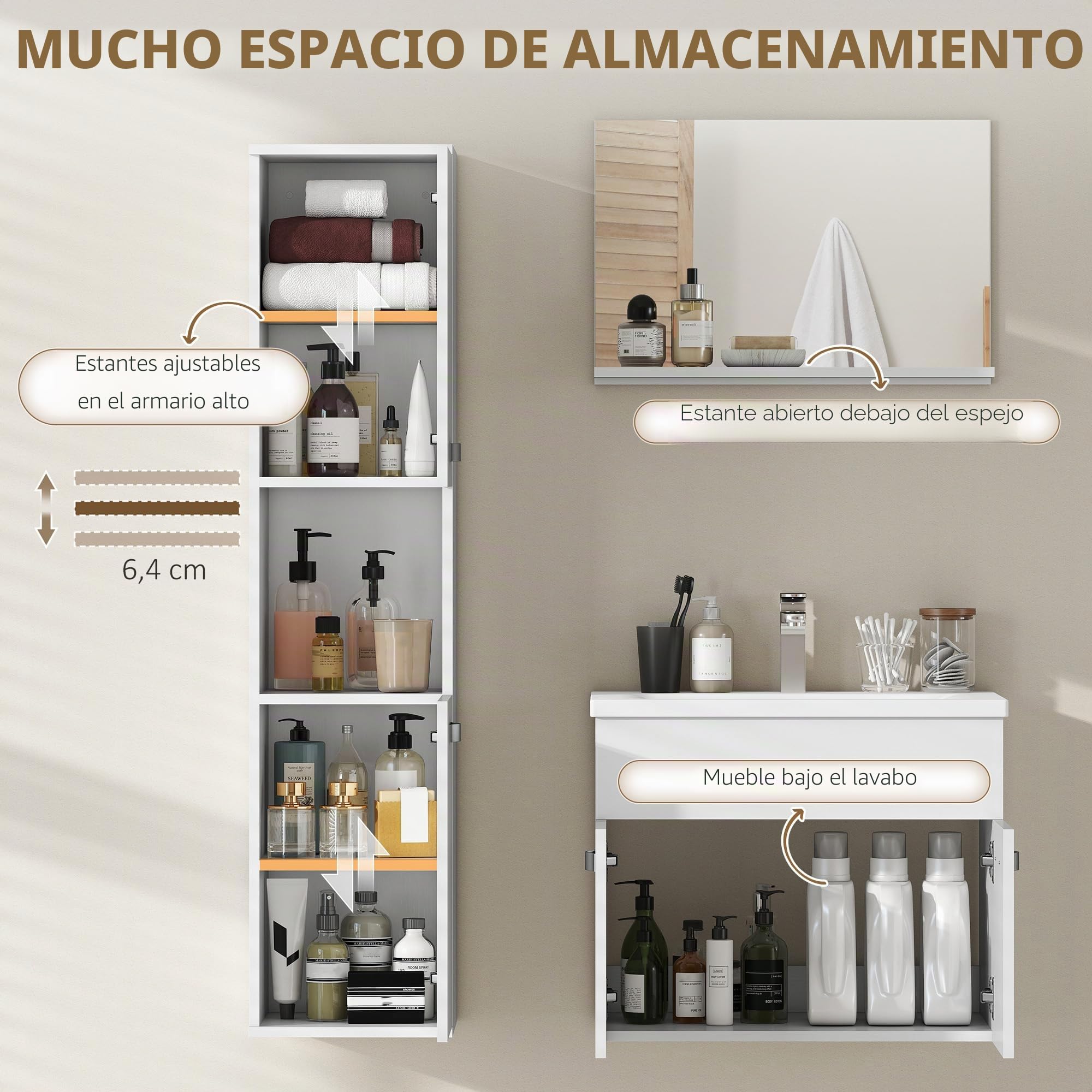 kleankin - Juego de muebles de baño (4 piezas, montaje en pared, con espejo, lavabo, lavabo de cerámica y armario, columna alta, estantes ajustables, estilo moderno, blanco