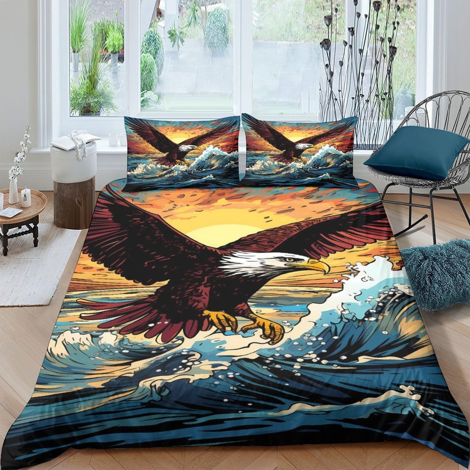 Ctjqhvkz Style-8 3D Printed Eagle Ocean Sunset Fitted Sheet Microfiber Soft Anti-Slip Mattress Cover For Bedroom Guest Room Decor Single（135X200cm）
