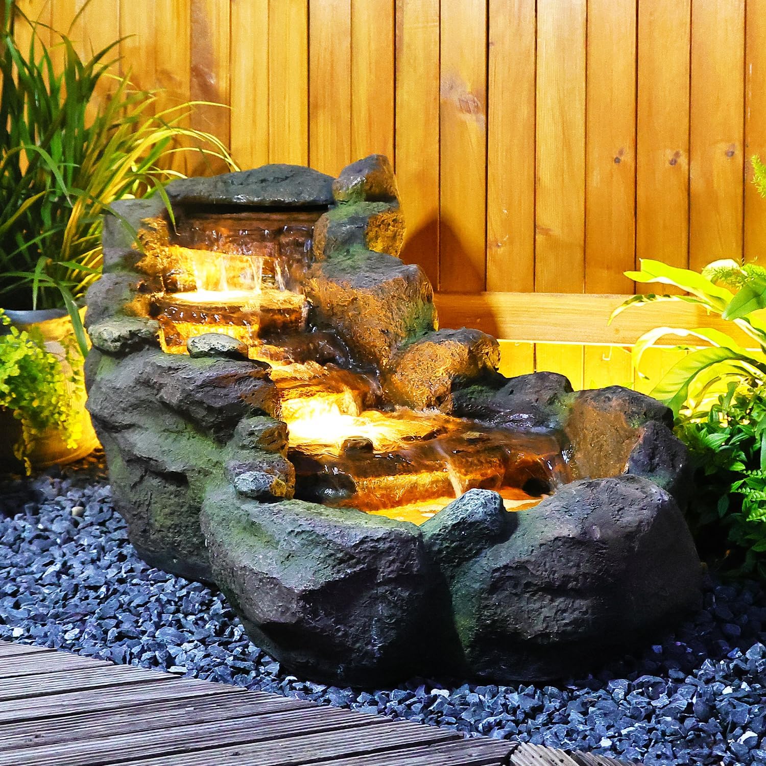 Bumilgar 42.1" L Garden Water Fountain Outdoor, Floor Standing Mutiply Tiered Rock Outdoor Fountains with LED Lights and Pumps for Garden, Backyard, Porch, Patio and Home Art Decor