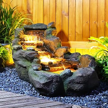 Bumilgar 42.1" L Garden Water Fountain Outdoor, Floor Standing Mutiply Tiered Rock Outdoor Fountains with LED Lights and Pumps for Garden, Backyard, Porch, Patio and Home Art Decor