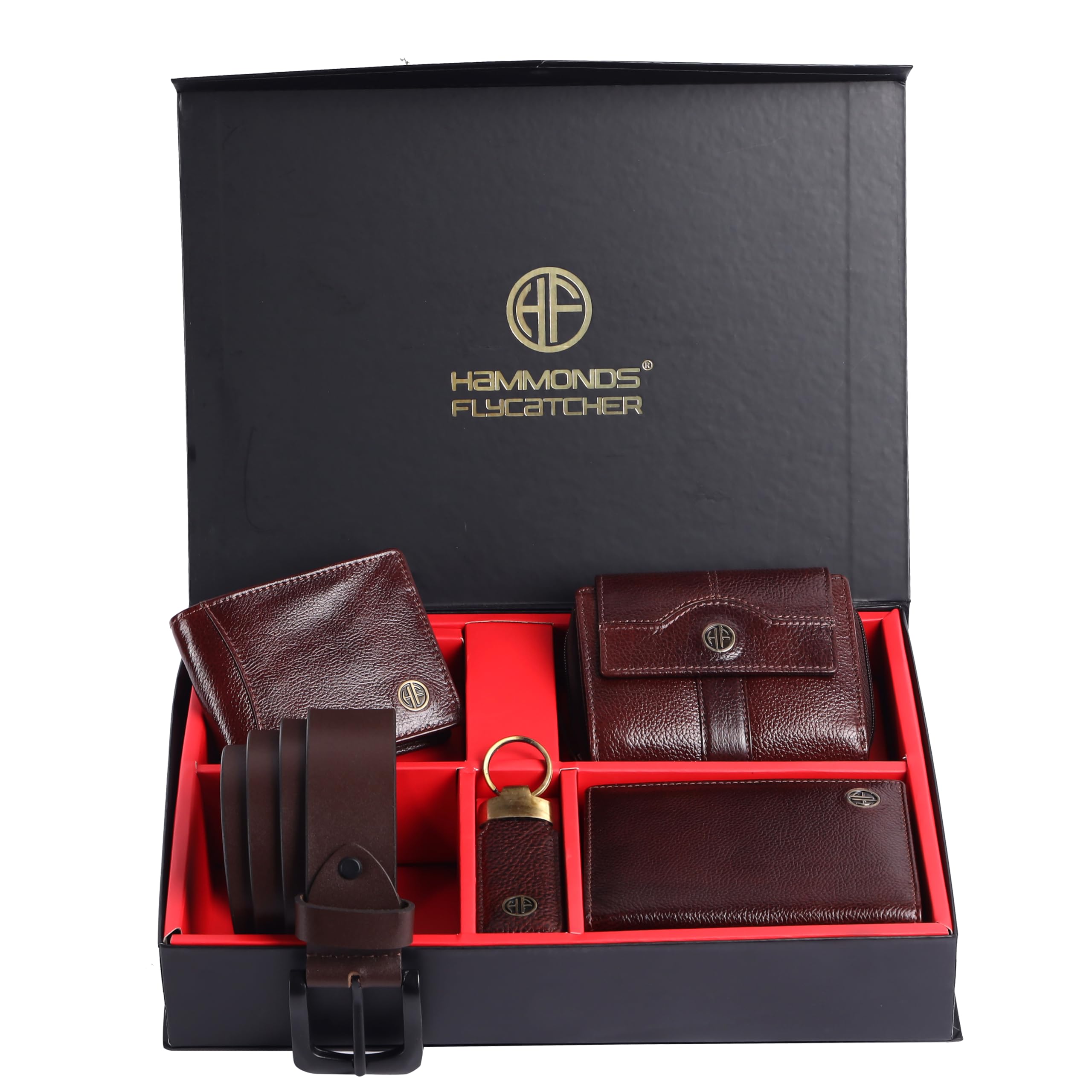 HAMMONDS FLYCATCHER Genuine Leather Premium 5 in 1 Mega Gift Combo Gifts Set for Men & Colleagues - Men's Wallet, Ladies Wallet, Passport Holder, Men's Belt & Keyring - Brown