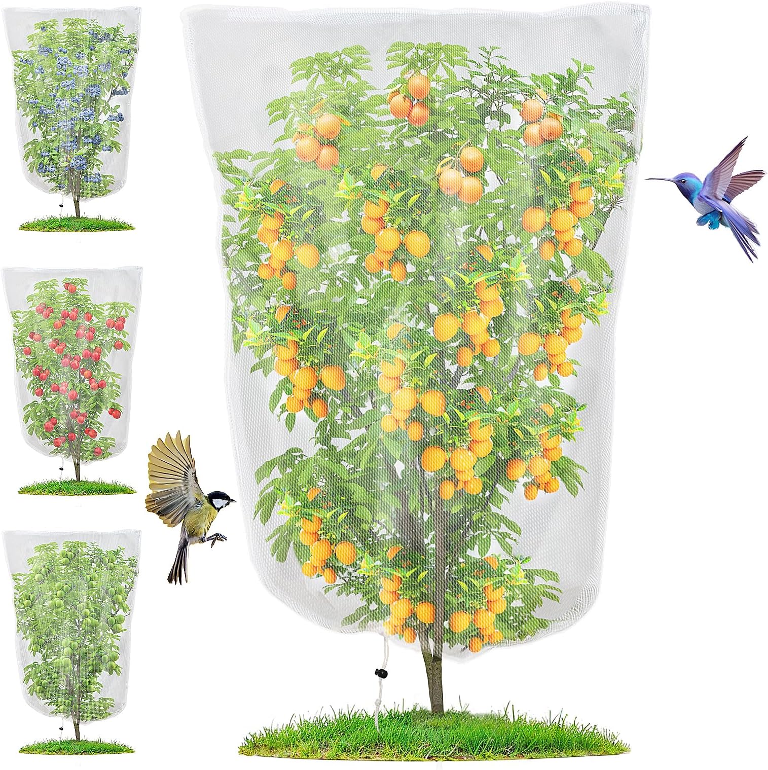4 Pack Insect Bird Barrier Mesh - Blueberry Bush Netting Cover Insect Bird Netting Tomato Protective Cover with Drawstring Garden Mesh Netting for Vegetables, Fruits, Trees, 3.3Ft x 4.92Ft