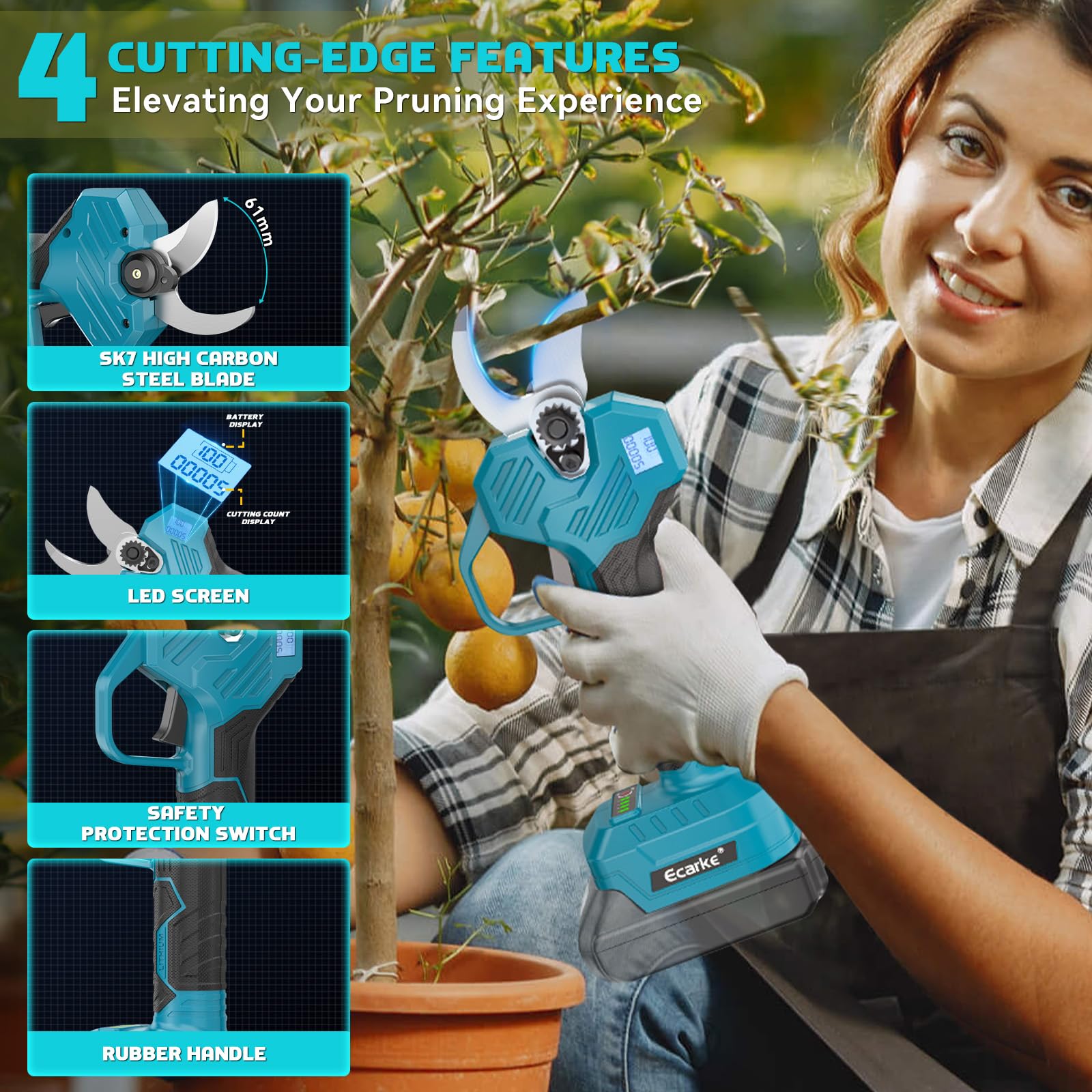 Ecarke Akku-Astschere kompatibel mit Makita 18V, 40 mm Schnittstärke | Bürstenloser elektrische Akku-Gartenschere, ergonomisch & leicht ideal für Obstbäume, Sträucher und Gartenpflege, ohne Akku