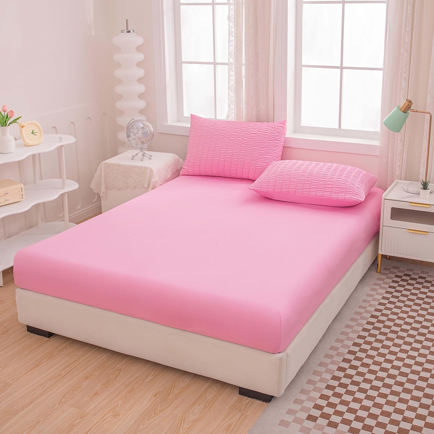 Twin Bed in a Bag Pink Seersucker Comforter Set 5-Pieces Microfiber Lightweight Comforter All Season Bedding Sets with Comforter,Flat Sheet,Fitted Sheet and Pillowcases - Image 4