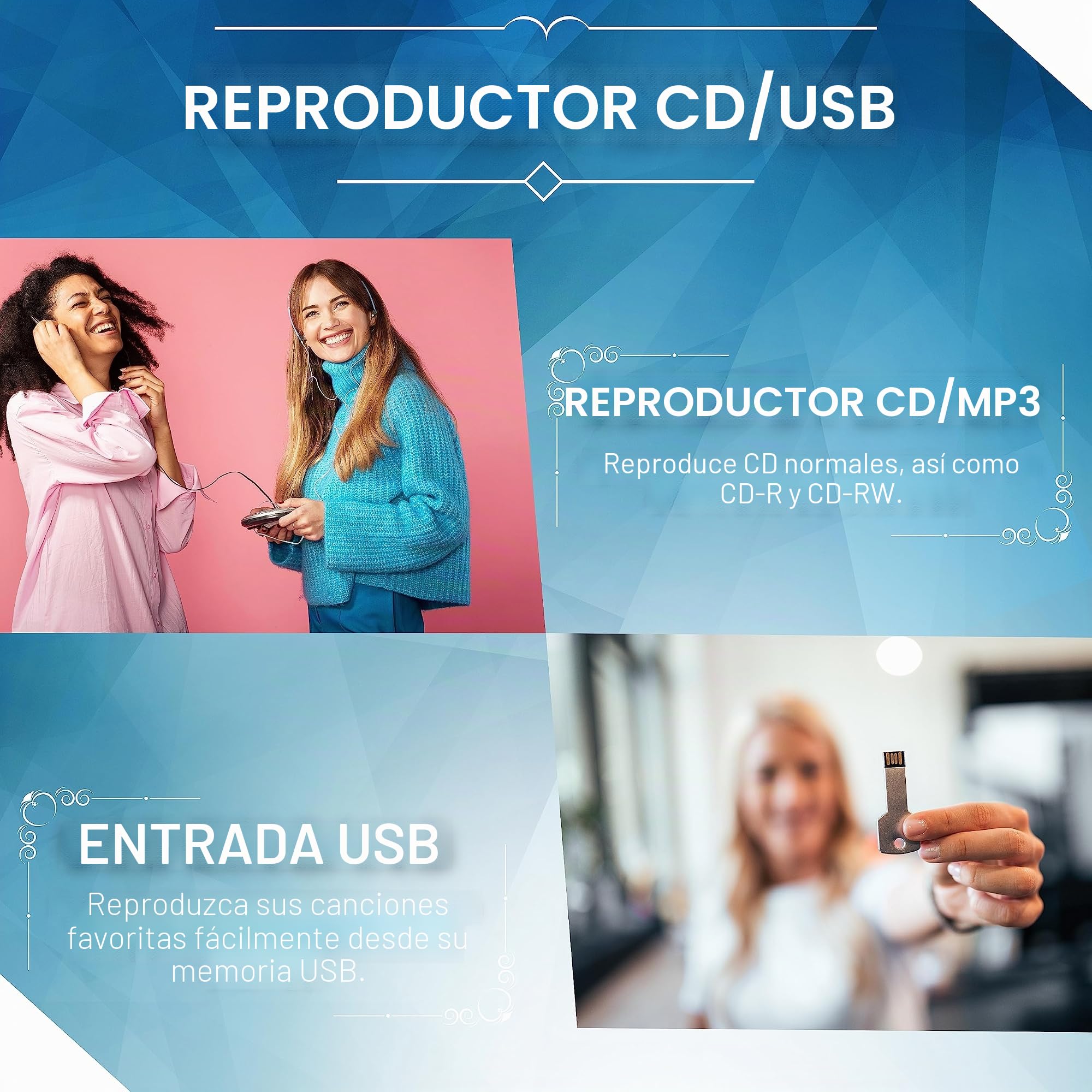 Reproductor de CD portátil Boombox CD/CD-R - USB - Radio FM - Entrada AUX - Toma para Auriculares - Reproductor de CD - Radio Infantil - CD - Canal estéreo - Sistema Compacto (Dark Blue)