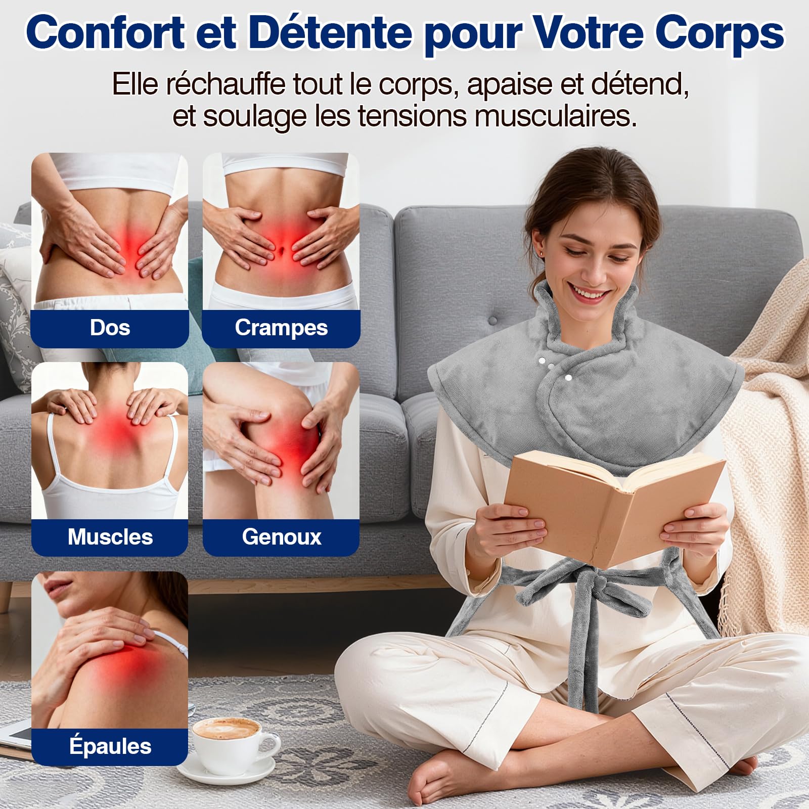 Coussin Chauffant dos Electrique Epaule et Nuque 60×100 cm, 9 Niveaux de Chaleur, 4 RéGlages de Minuterie d'arrêt Automatique, Chauffe-dos, Chauffage Rapide, Flanelle, Lavable en Machine