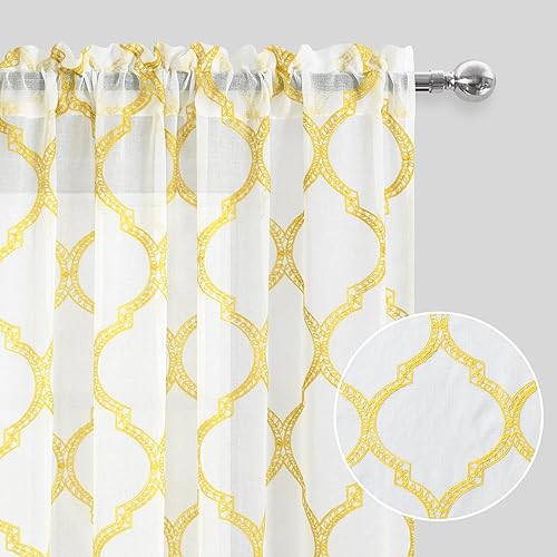 Miniatura 2 de DWCN - Cortinas de lino sintético con bolsillo marroquí, Poliéster & Mezcla de poliéster, Amarillo